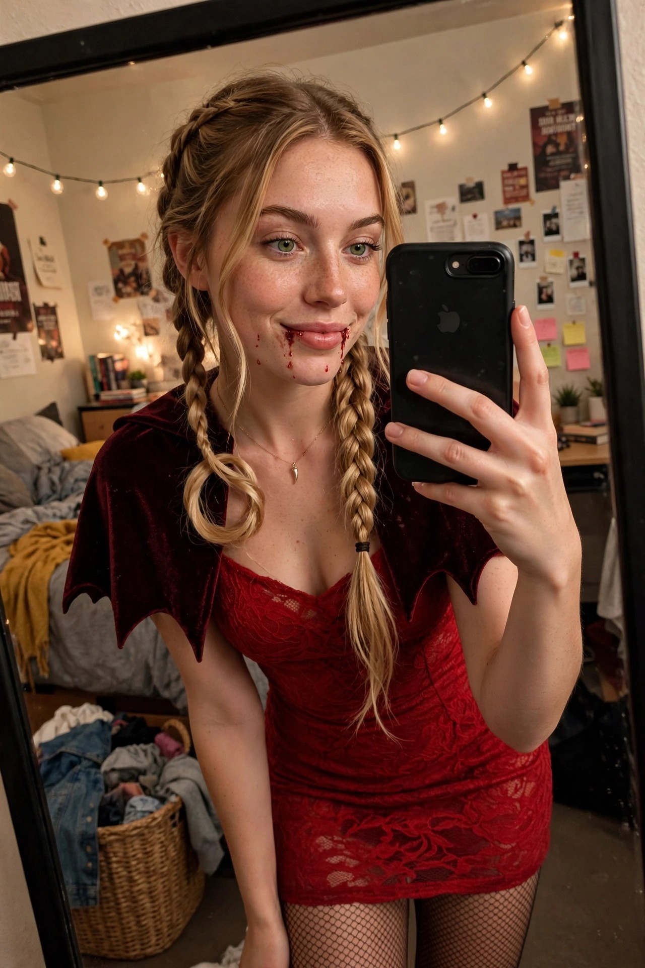 Woman wearing a red lace mini dress with a short red velvet bat wing capelet, fishnet tights, and two blonde braids, with fake blood on her chin for a vampire costume.