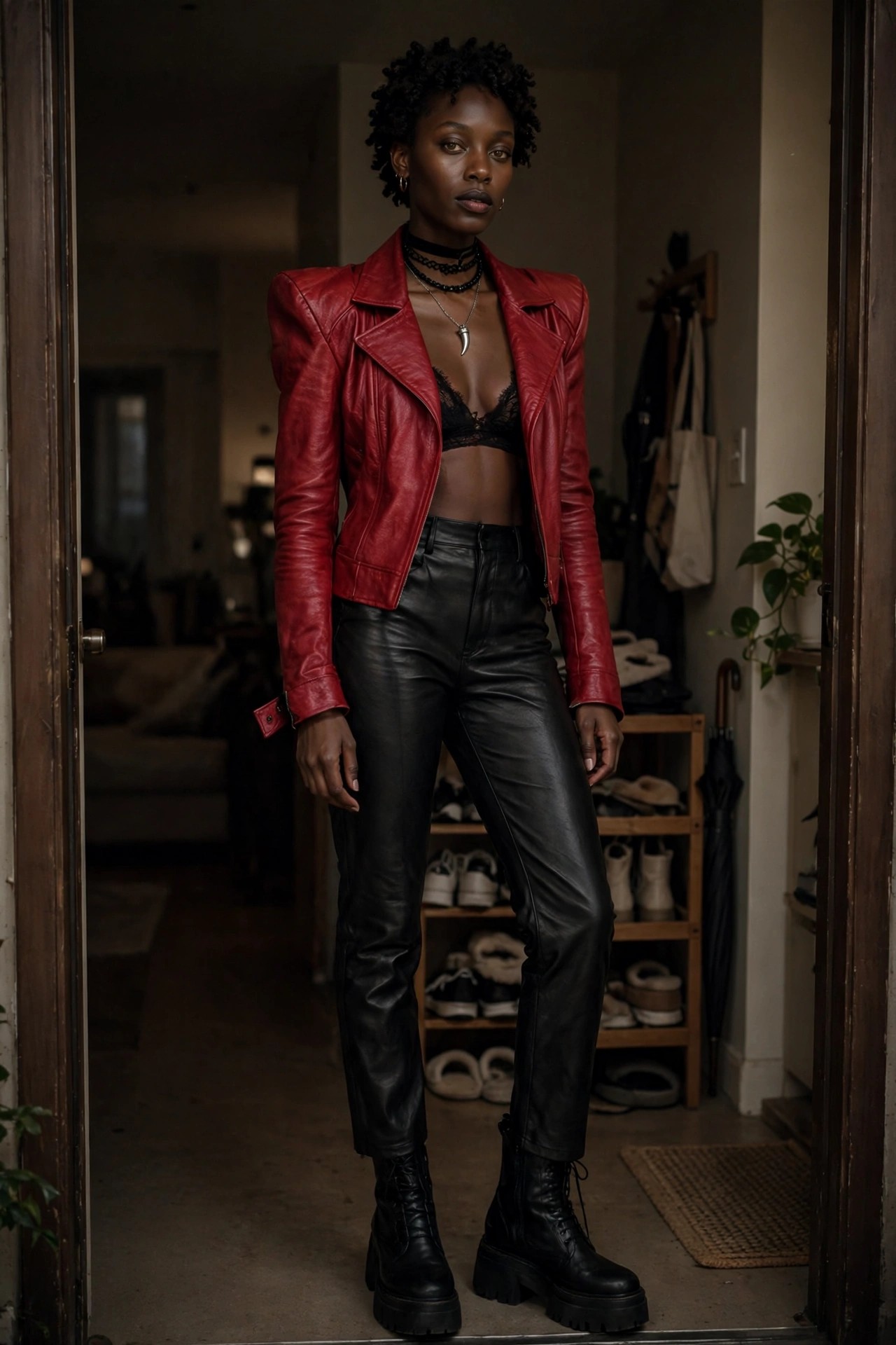 Woman wearing a red leather jacket with structured shoulders over a black lace bra, paired with black leather pants, platform boots, and layered necklaces for a vampire Halloween costume.