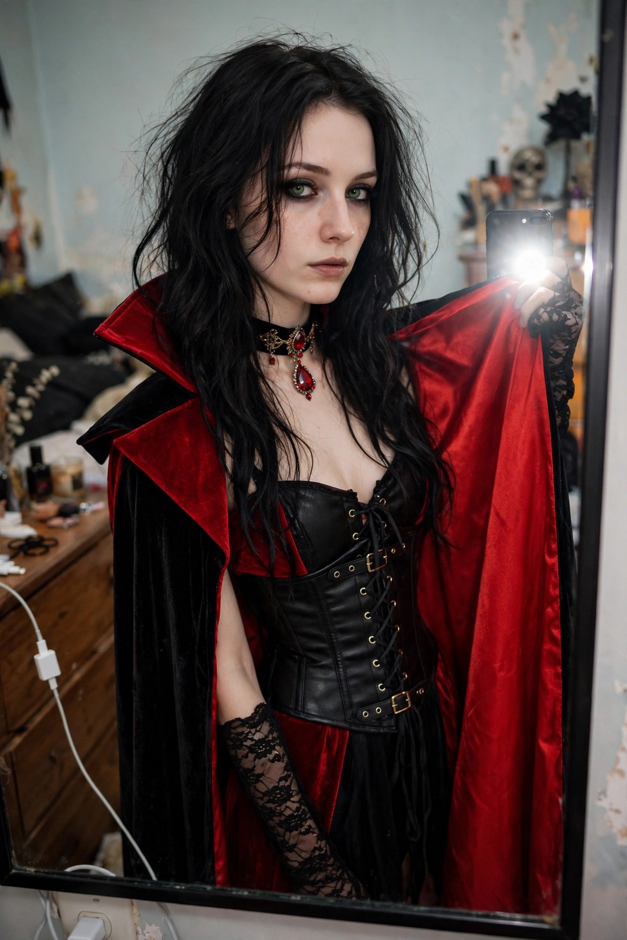 Woman wearing a black vampire cape with bright red velvet lining, high collar, black corset top, red gem choker, and lace gloves in a mirror selfie.