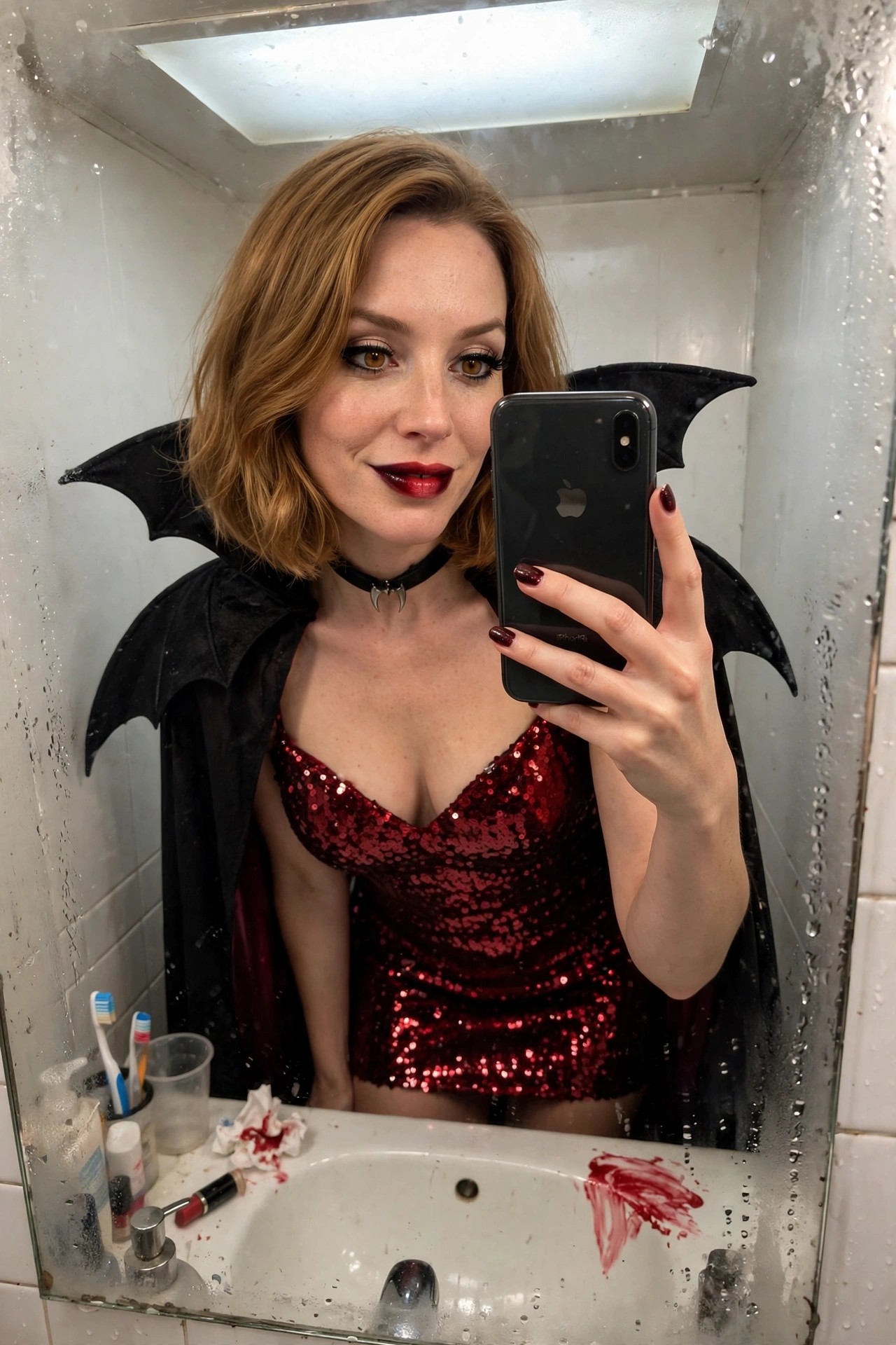 Woman wearing red sequin mini dress with black bat wing cape and fang choker taking mirror selfie in bathroom.