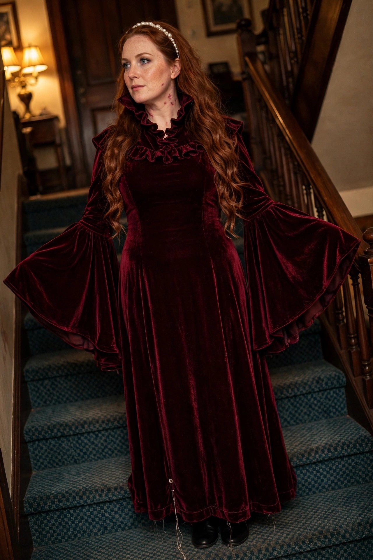Woman wearing a long burgundy velvet dress with high ruffled collar and wide bell sleeves, paired with a pearl headband and subtle neck marks.