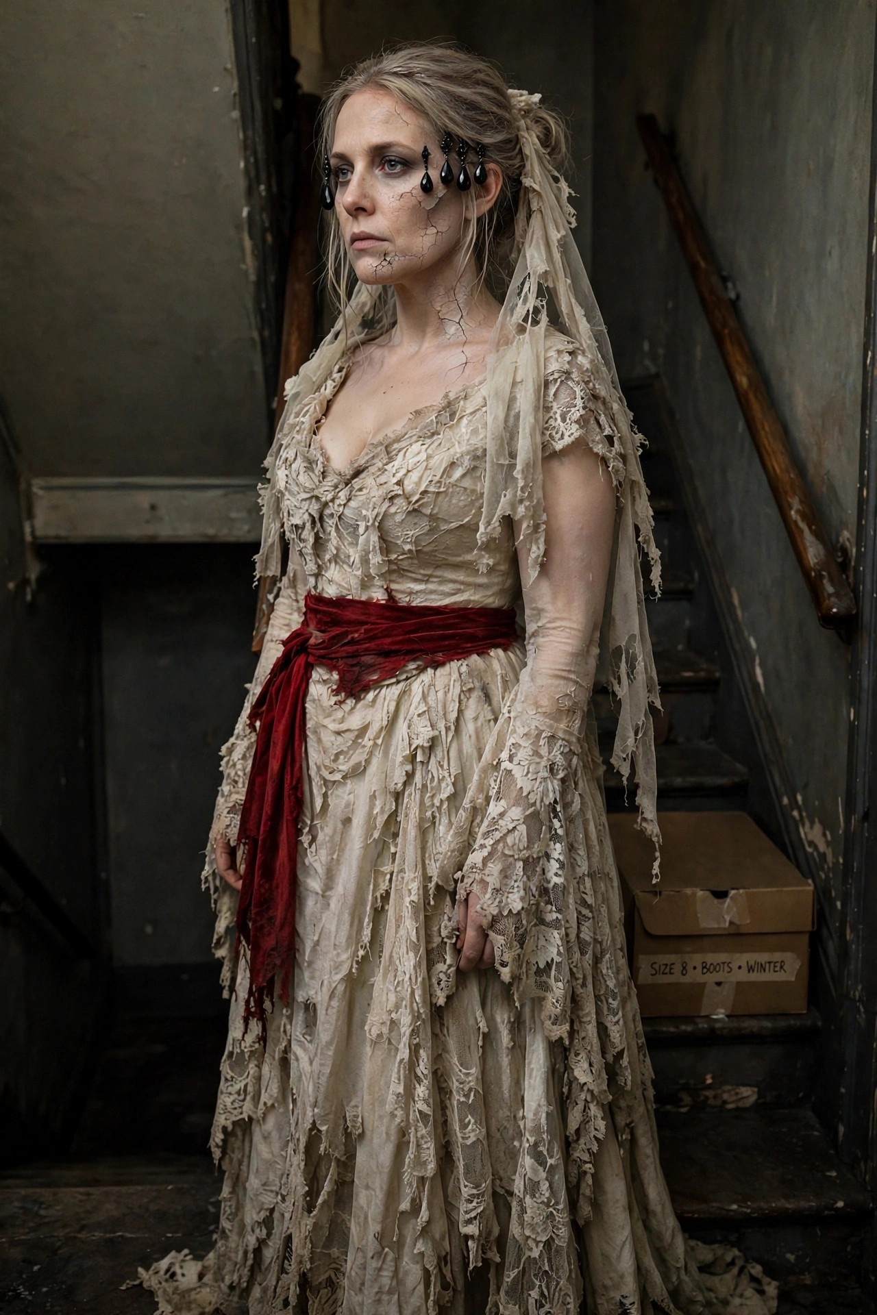 Woman wearing a shredded off-white lace vampire bride gown with a red sash, veil, and cracked porcelain makeup.