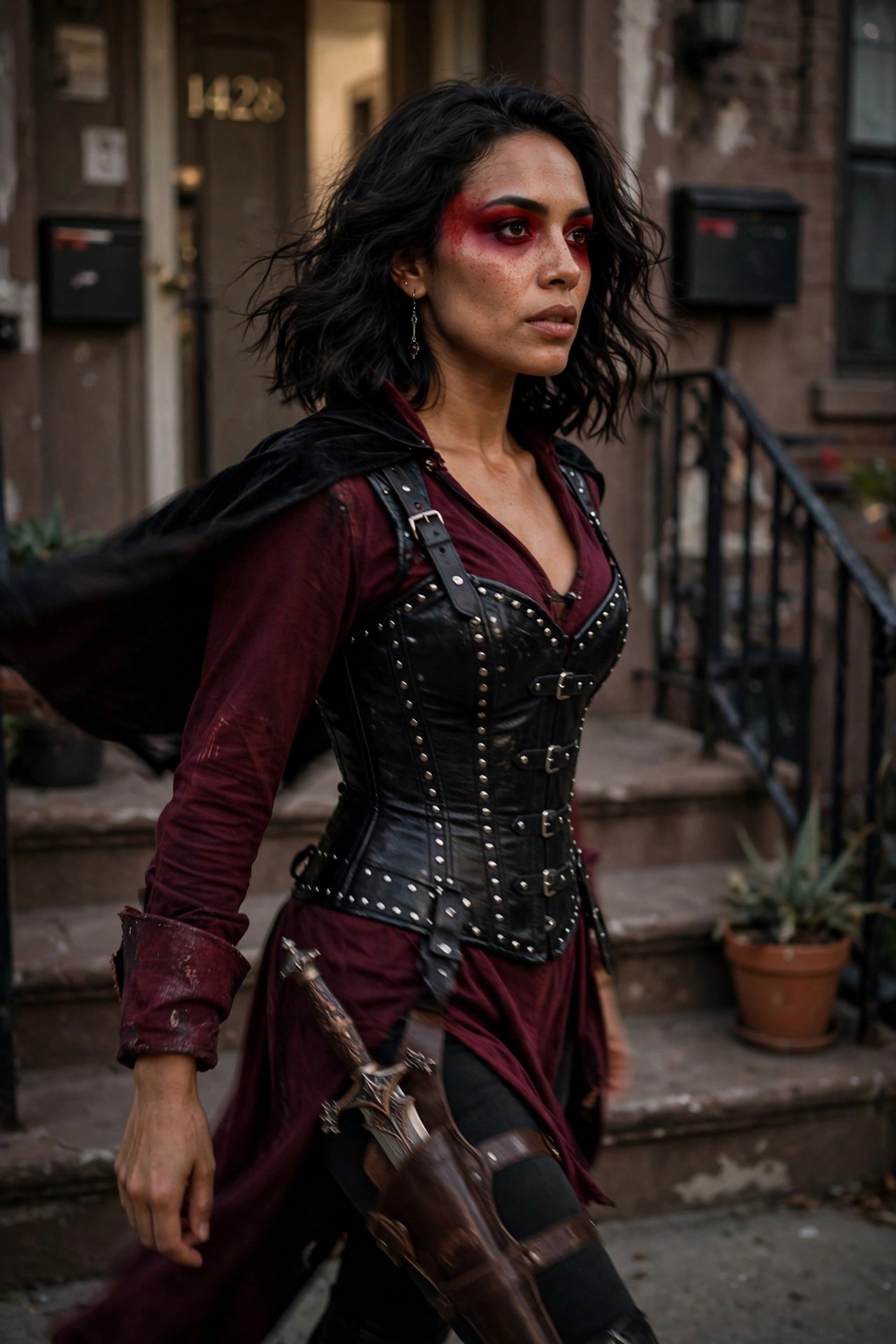 Woman wearing a black studded leather corset over a red dress with a flowing black velvet cape and a sword in a thigh holster, vampire costume.