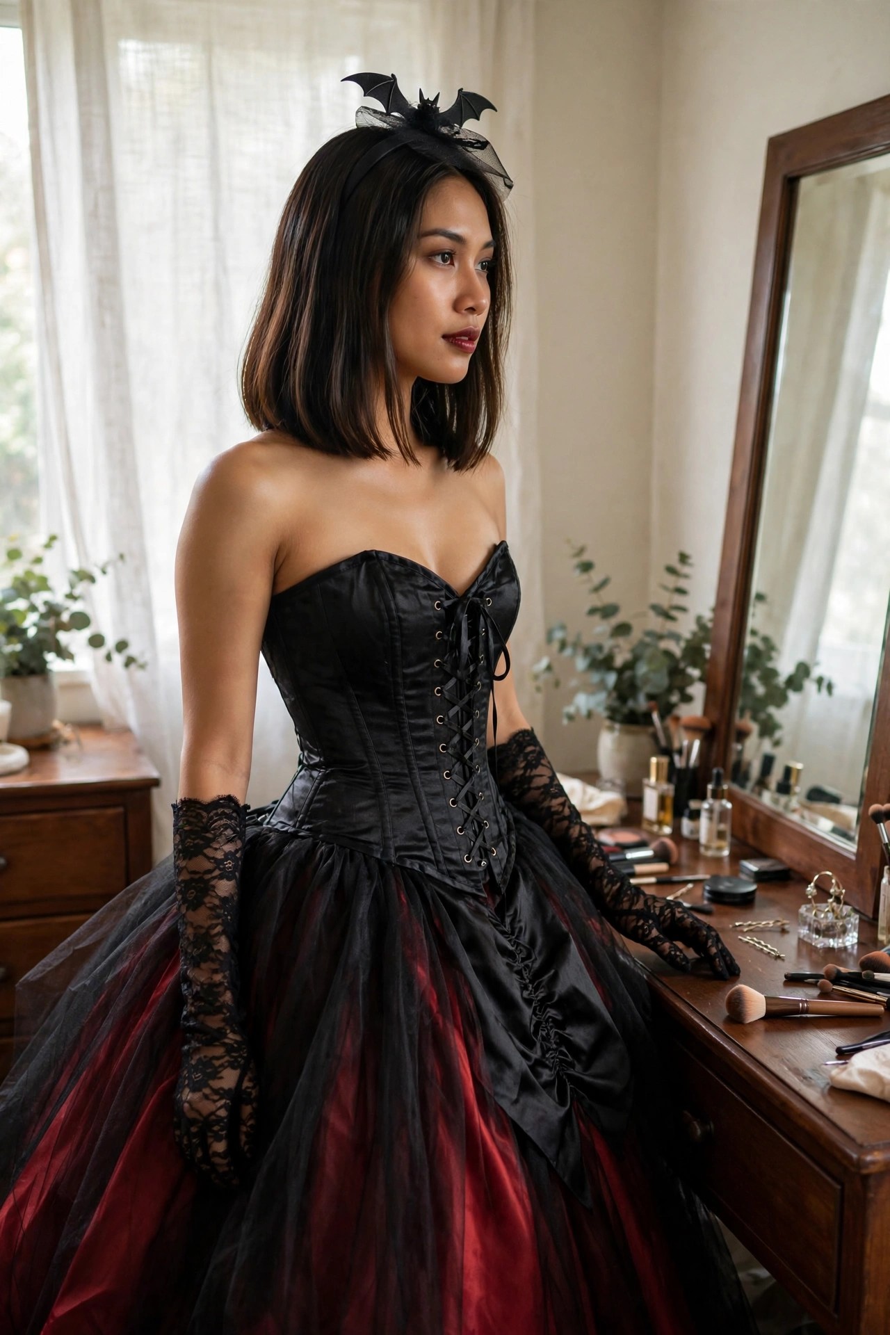 Woman wearing a black corset dress with red tulle skirt, long black lace gloves, and a small bat headpiece for a vampire costume.