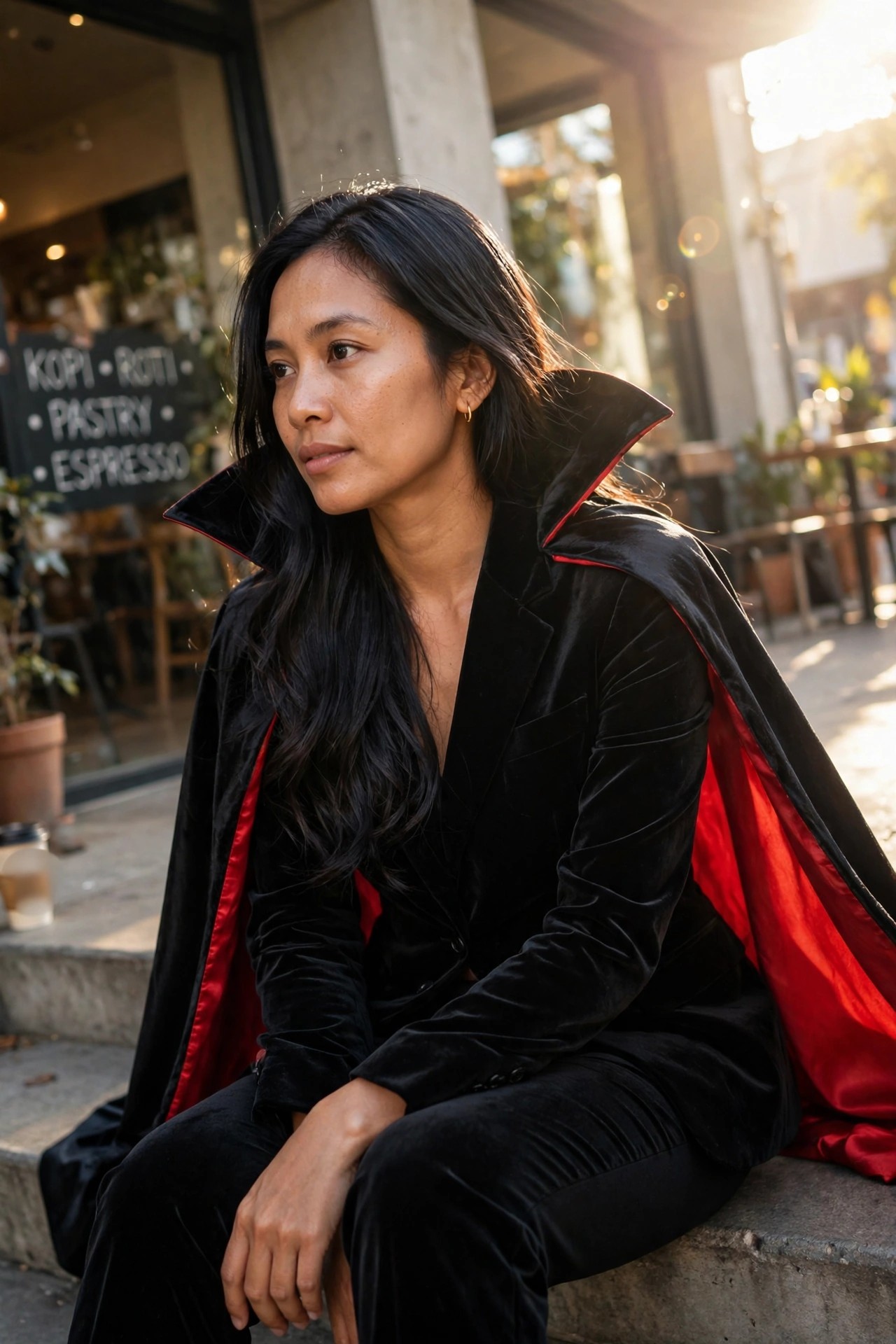 Woman wearing black velvet blazer with tall structured collar showing red satin lining and matching velvet pants in a vampire costume.