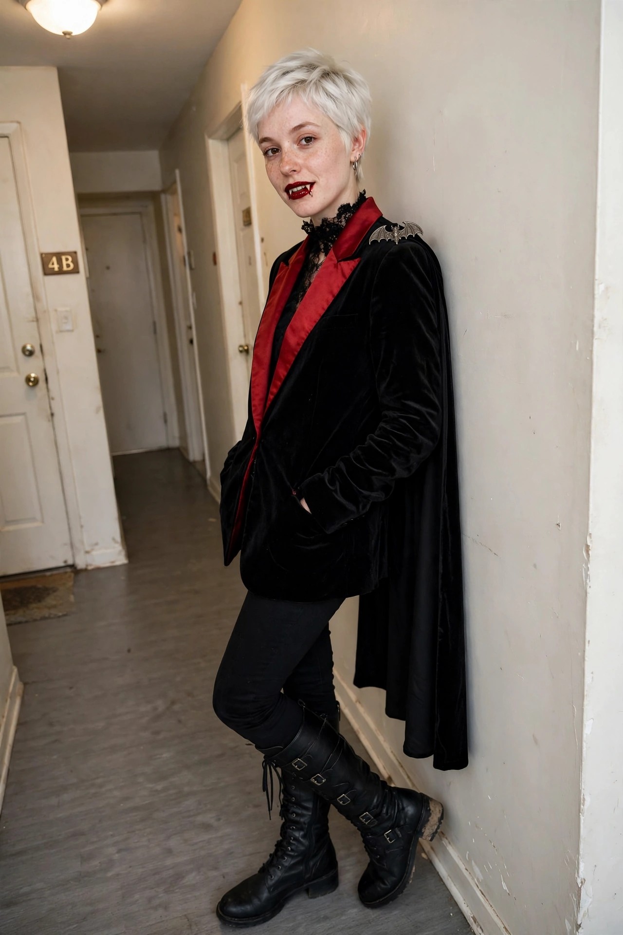 Woman wearing a black velvet blazer with red satin lapels, bat pin on the shoulder, and cape back, styled as a vampire costume with fake blood at the mouth and black boots.