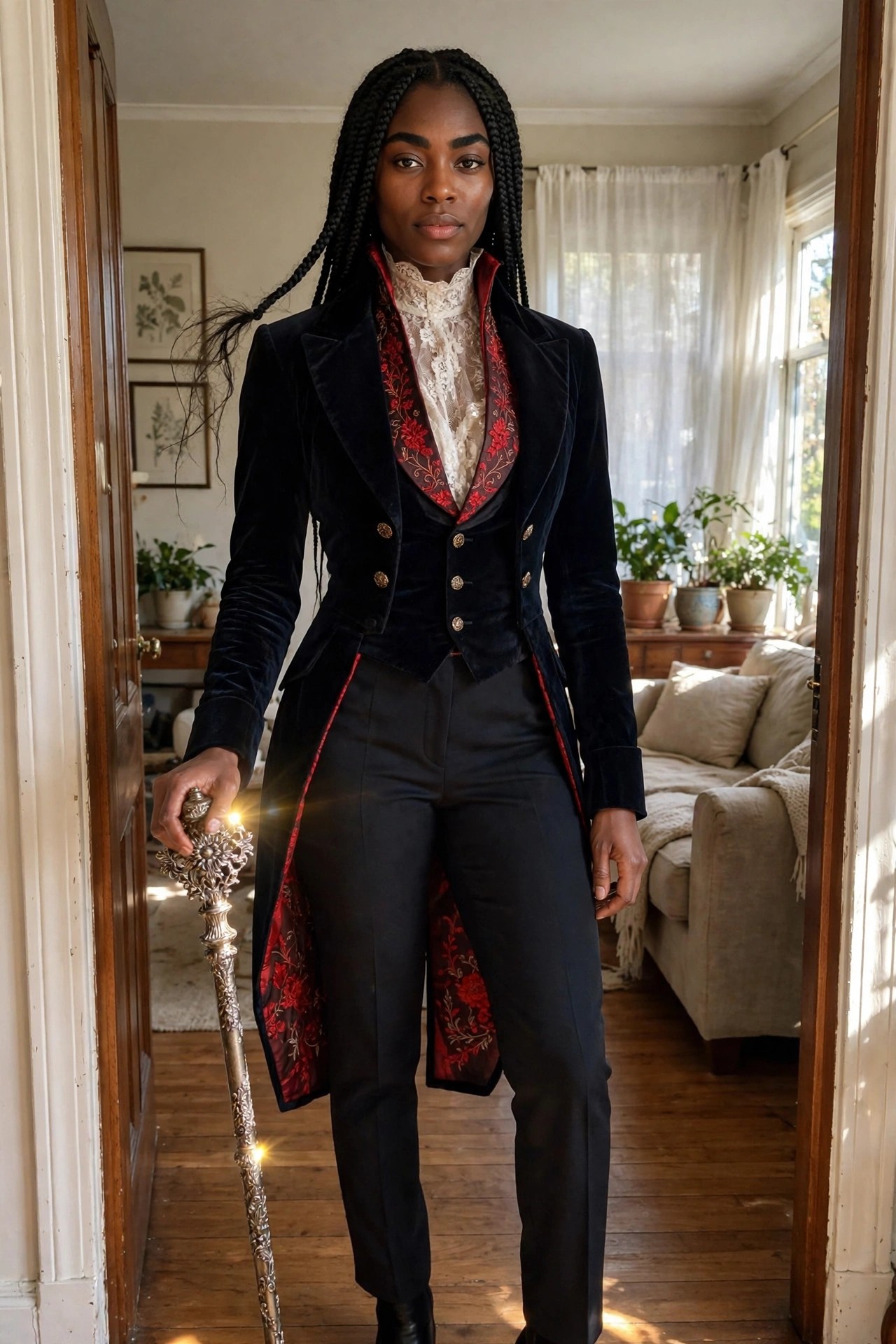 Woman wearing a black velvet vampire tailcoat with red lining and embroidery, matching vest, lace blouse, black pants, and holding an ornate silver cane.