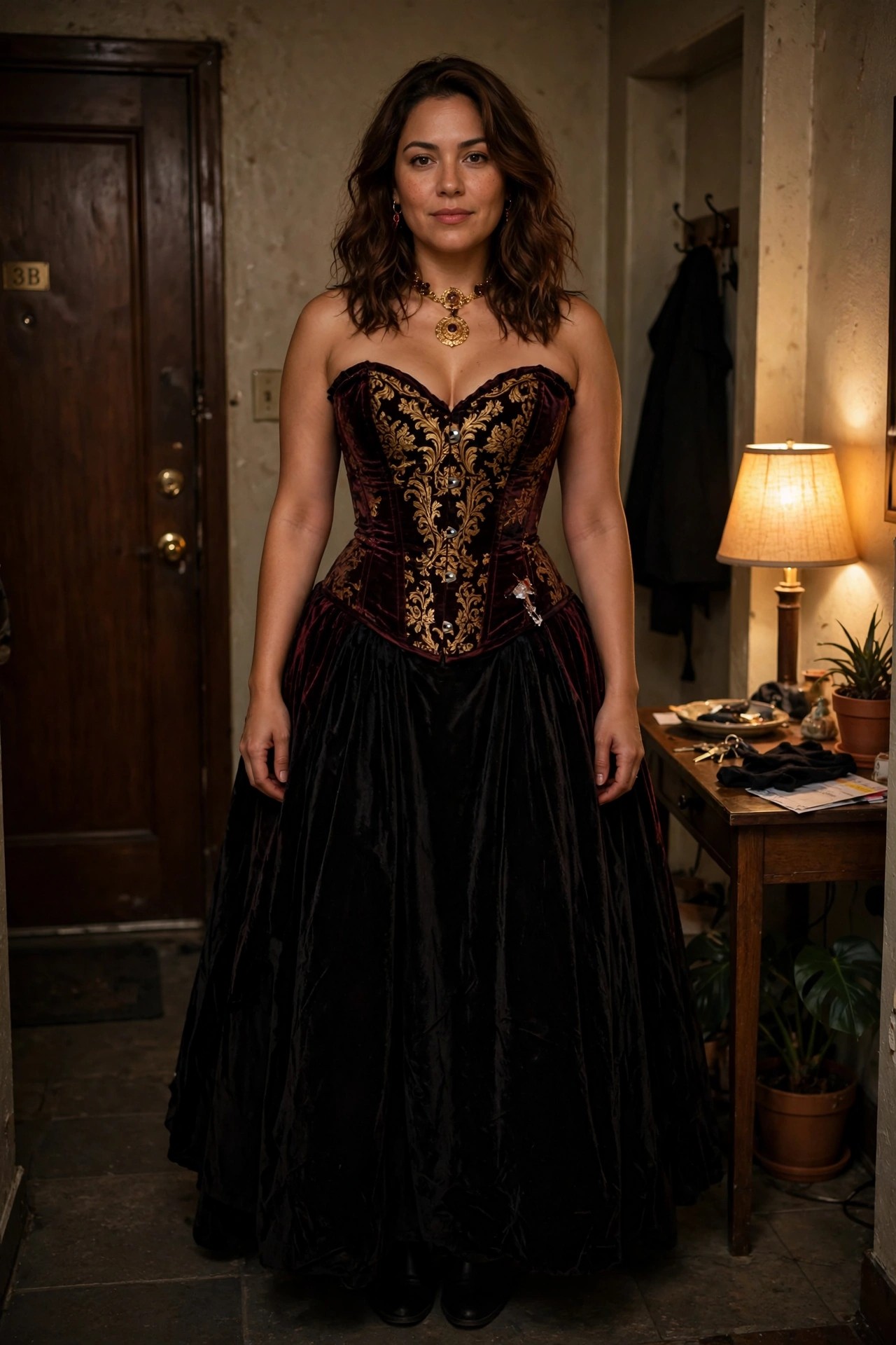 Woman wearing a strapless burgundy velvet corset with gold embroidery and a long black velvet skirt, styled as a Victorian vampire costume with a gold statement necklace.