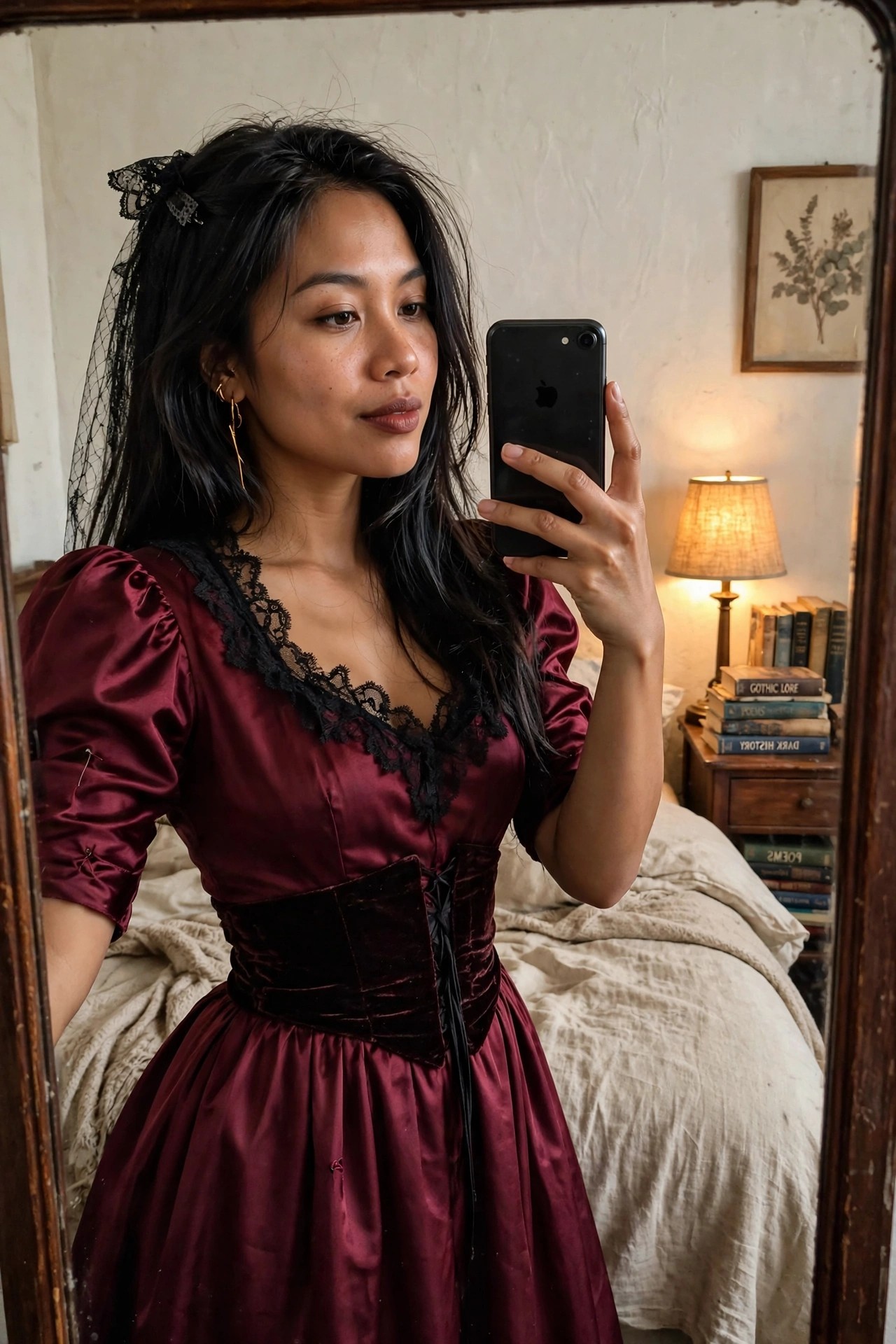 Woman wearing a deep red satin vampire costume dress with black lace neckline and velvet corset taking a mirror selfie.