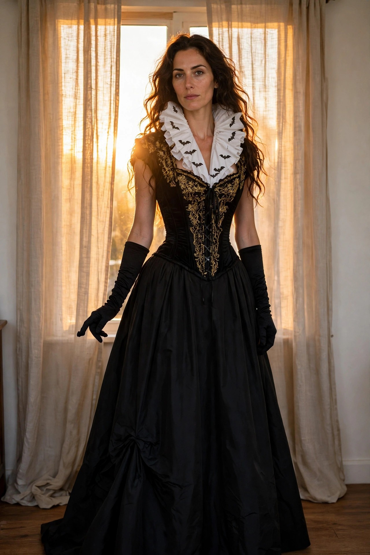 Woman wearing a black Victorian style gown with a white ruffled collar decorated with black bats, gold embroidered corset bodice, and long black gloves.