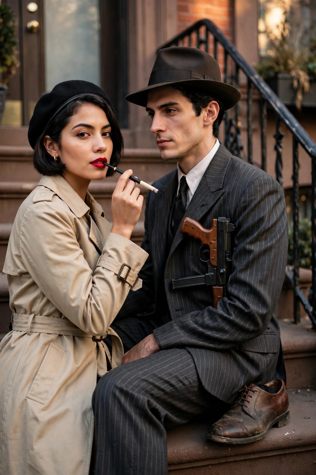 Woman in trench coat and beret holding cigarette holder next to man in pinstripe suit and fedora with visible tommy gun, dressed as Bonnie and Clyde style gangsters.