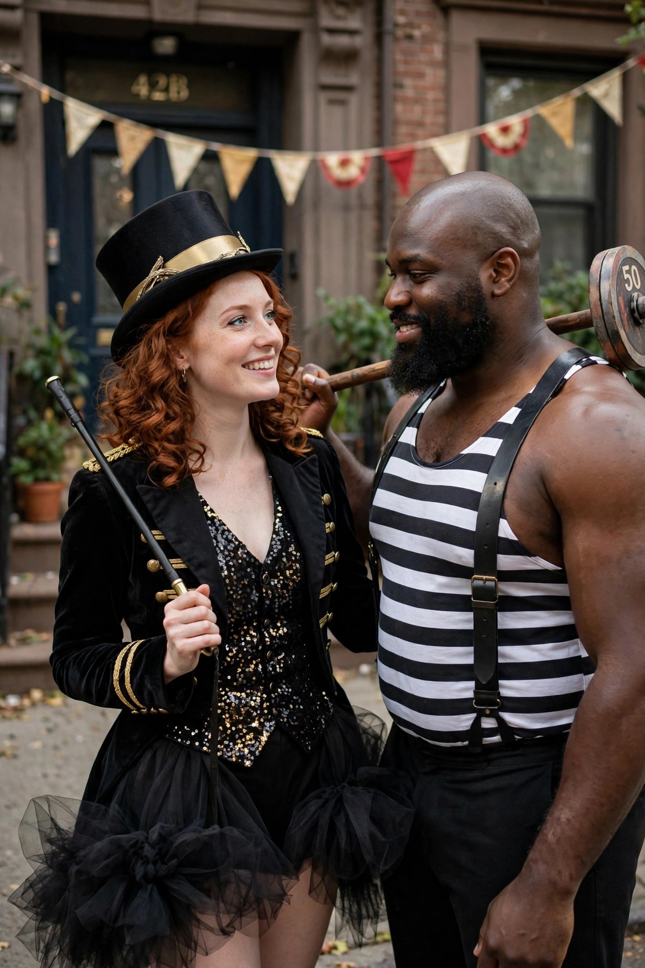Woman in black top hat, velvet jacket, sequin vest and tutu holding a baton stands beside man in striped tank top and suspenders carrying a barbell on his shoulder, both in circus themed costumes.