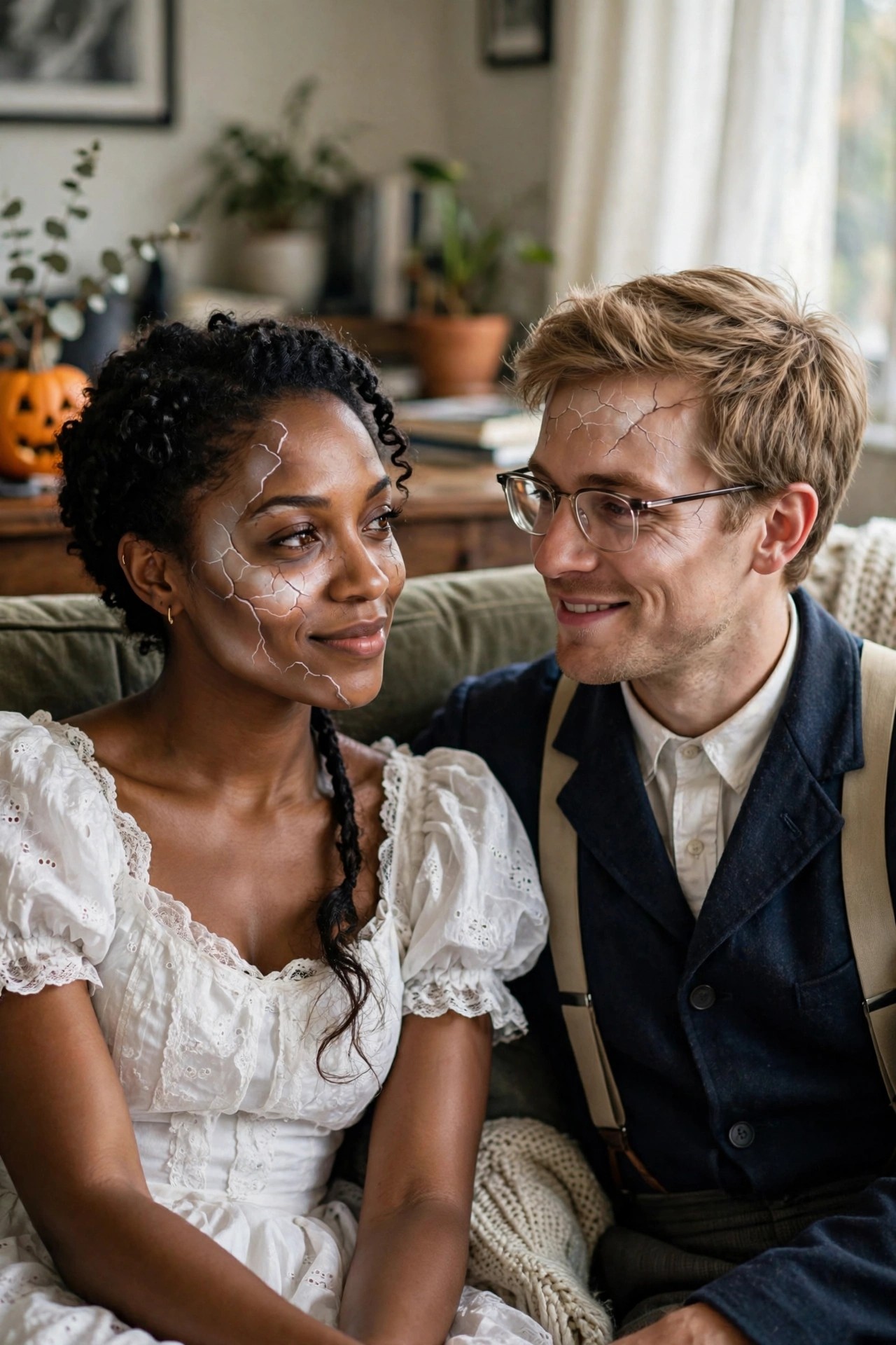 A couple wearing matching cracked porcelain doll costumes with pale face paint and jagged white lines across their faces, she in a white lace dress and he in a vest with suspenders.