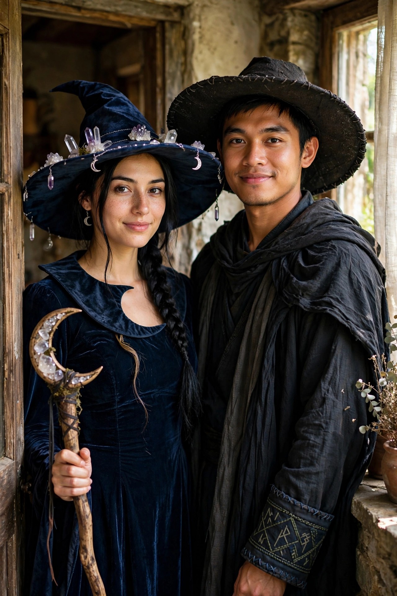 Woman in blue velvet witch dress and crystal moon hat holding crescent staff next to man in black robes and wide black hat for couple witch costume.