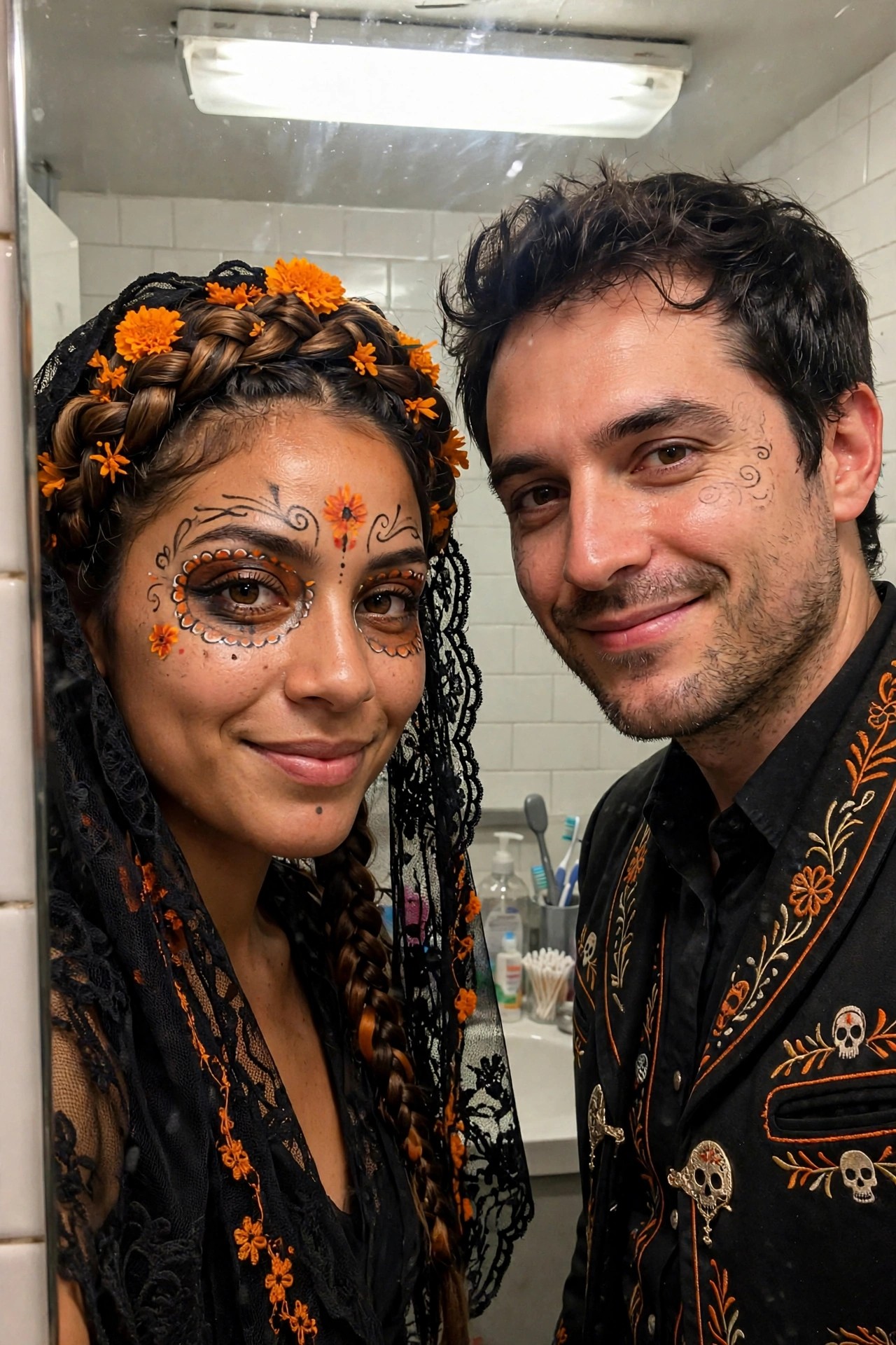Couple wearing coordinated Day of the Dead costumes with skull embroidery on the mans black shirt and marigold flowers plus face paint on the woman.