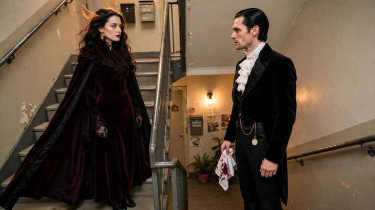 21 Creative and Unique Halloween Costumes for Couples to Try Woman in purple velvet gown with black cape and neck blood marks stands beside man in black velvet coat with white ruffles holding bloodstained cloth on staircase.