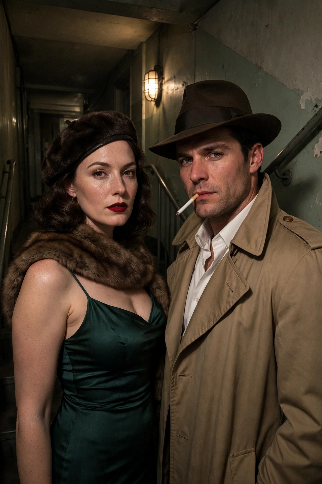 A man in a beige trench coat and brown fedora with a cigarette and a woman in a green satin dress with a brown fur stole and hat standing together in a dimly lit hallway.