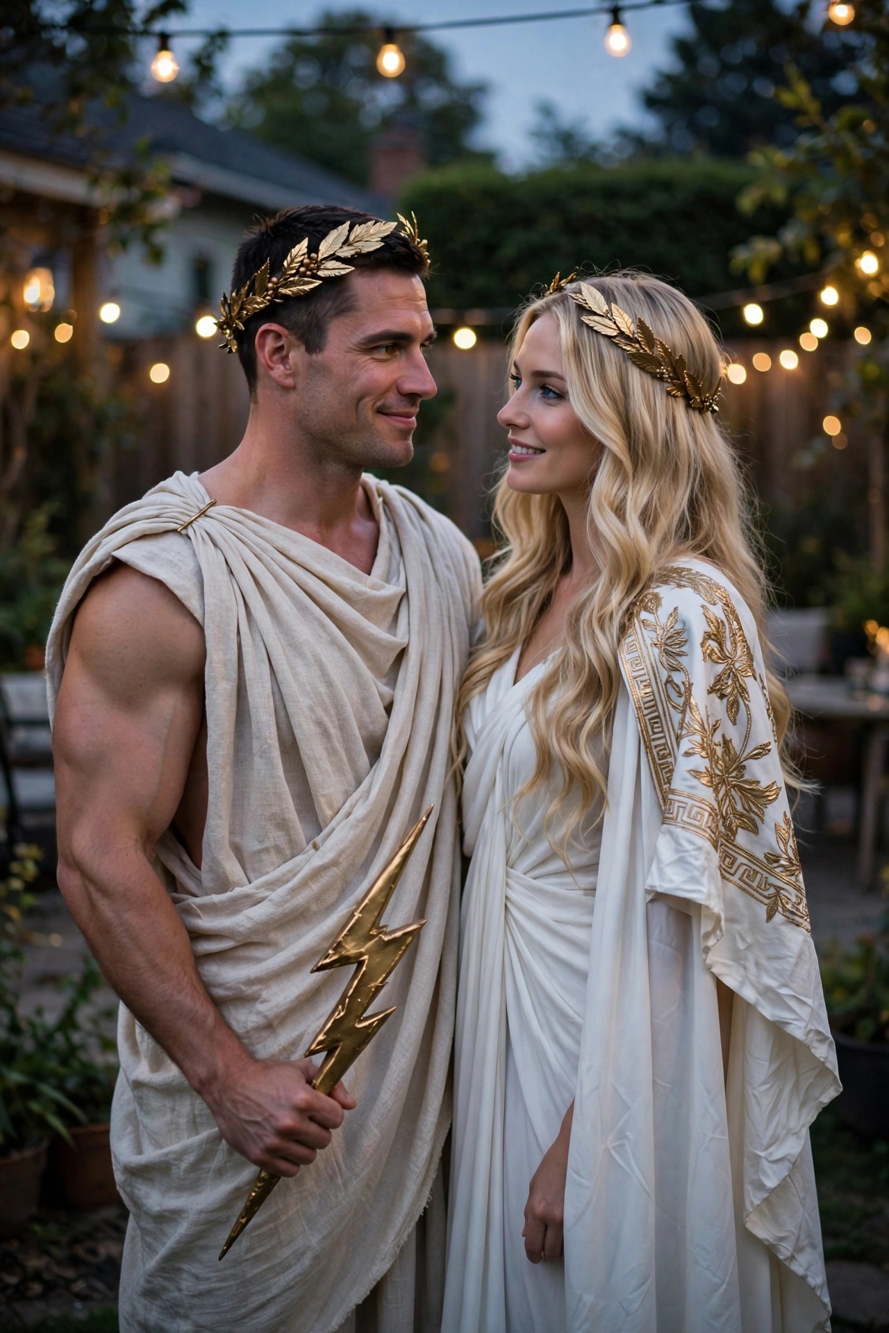 A couple in matching Greek god and goddess costumes with golden laurel wreaths, draped off white fabric, and the man holding a golden lightning bolt prop.
