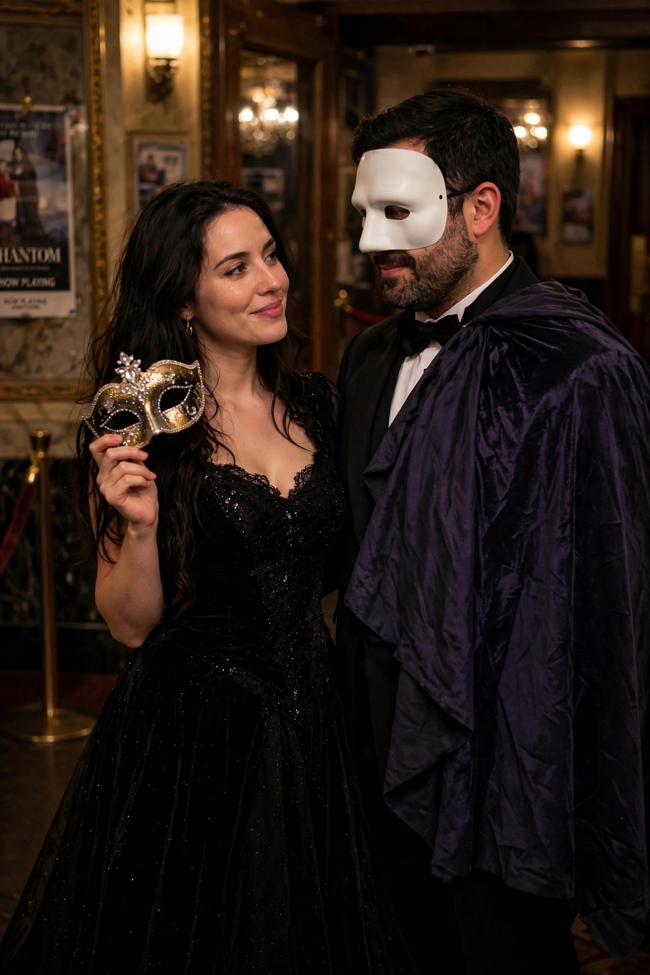 Woman in black sequined dress holding ornate gold mask stands beside man in black tuxedo wearing white half mask and purple velvet cape as Phantom of the Opera couple costumes.