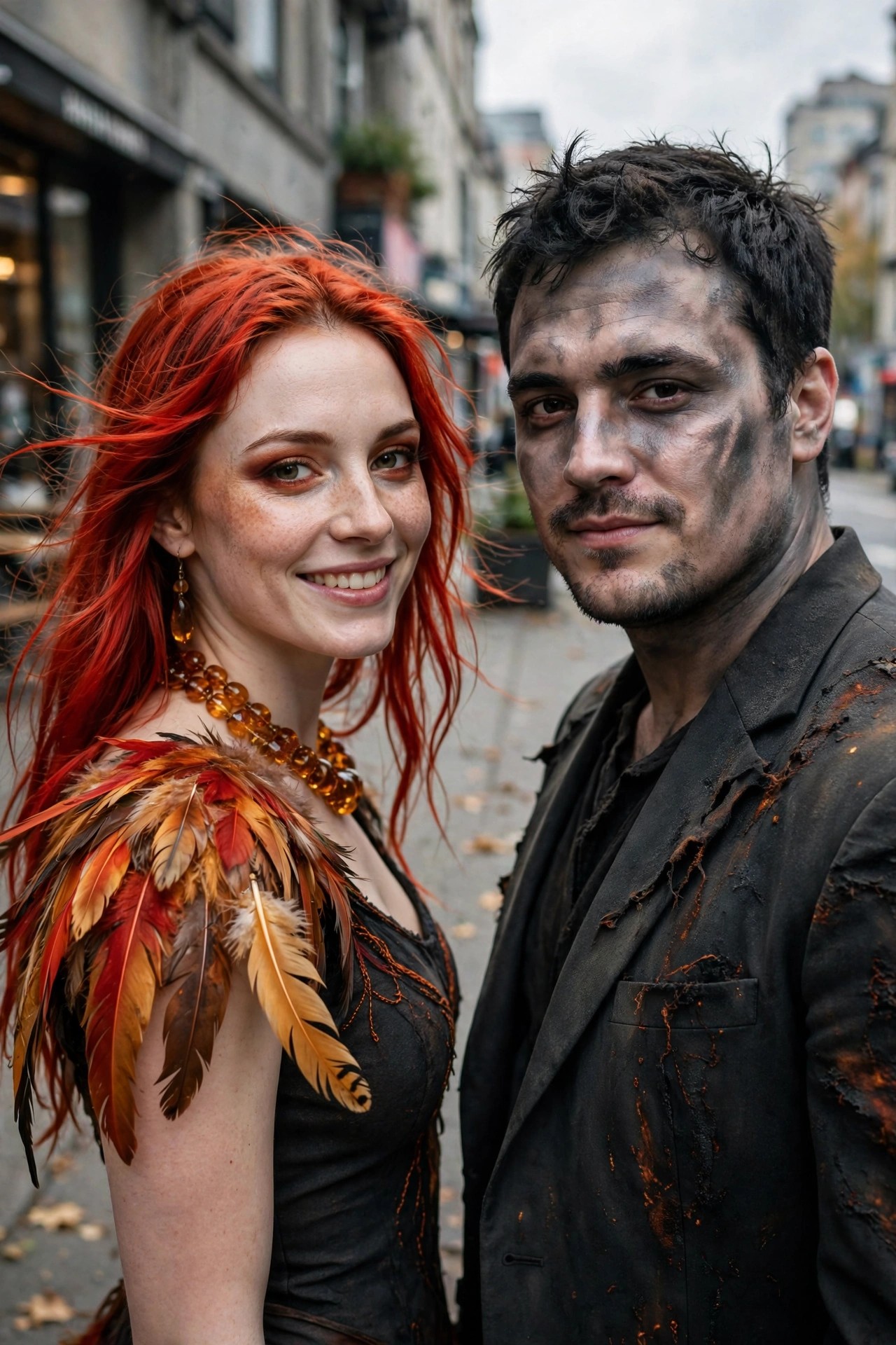 Woman with red hair and feathered shoulder piece next to man in torn dirty suit jacket with soot on his face for a post apocalyptic couple costume.