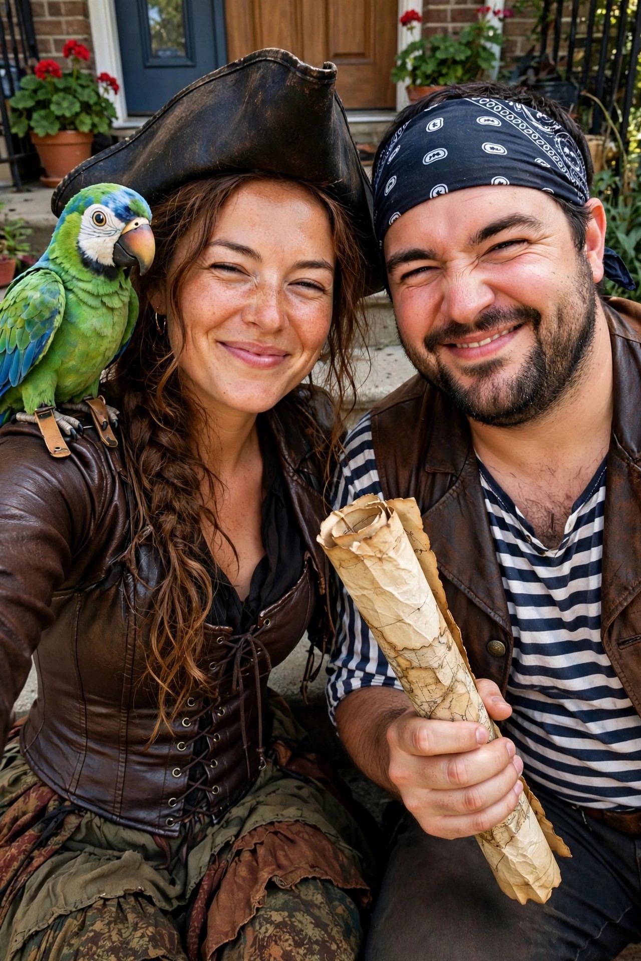 Woman in brown leather corset and pirate hat with parrot on shoulder next to man in striped shirt leather vest and bandana holding a treasure map both dressed as pirates.