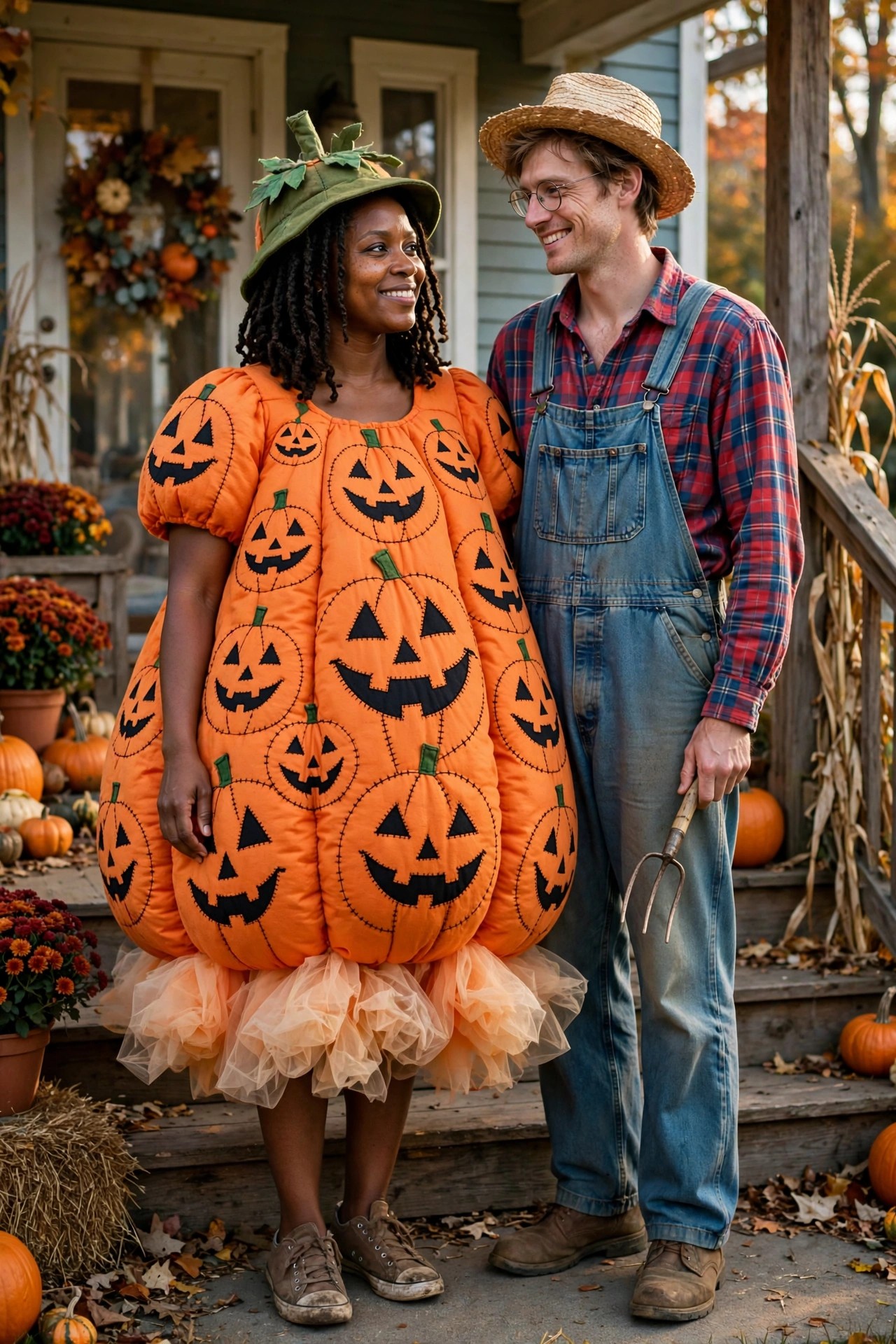 A woman in an orange pumpkin costume with jack-o-lantern prints and a green stem hat stands next to a man dressed as a farmer in overalls, plaid shirt, and straw hat holding a pitchfork.