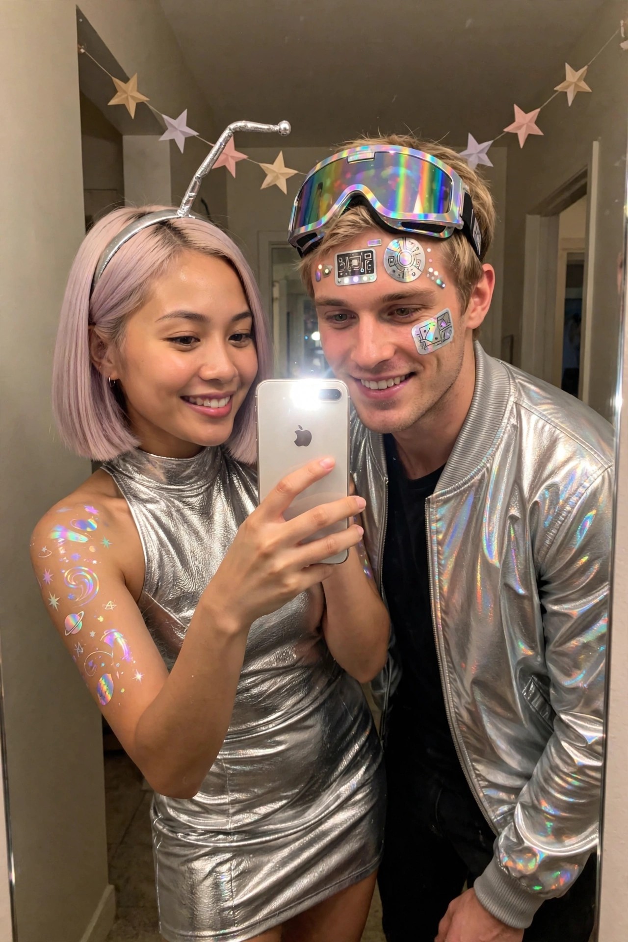 Couple wearing matching silver metallic outfits with space themed stickers, antenna headband on the woman and rainbow goggles on the man.