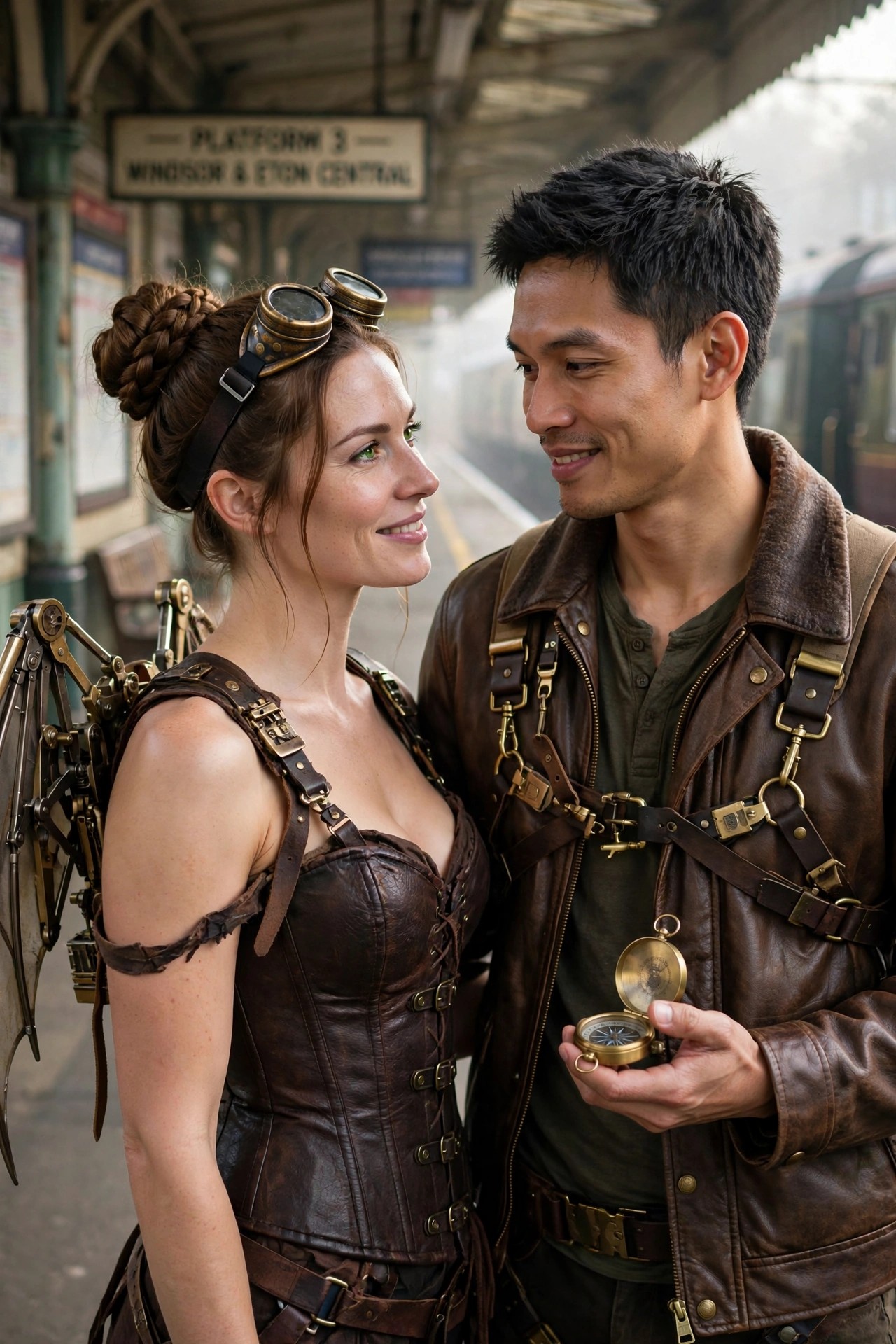 Woman in brown leather corset with mechanical wings and goggles beside man in aviator jacket holding a brass compass, both in matching steampunk style.