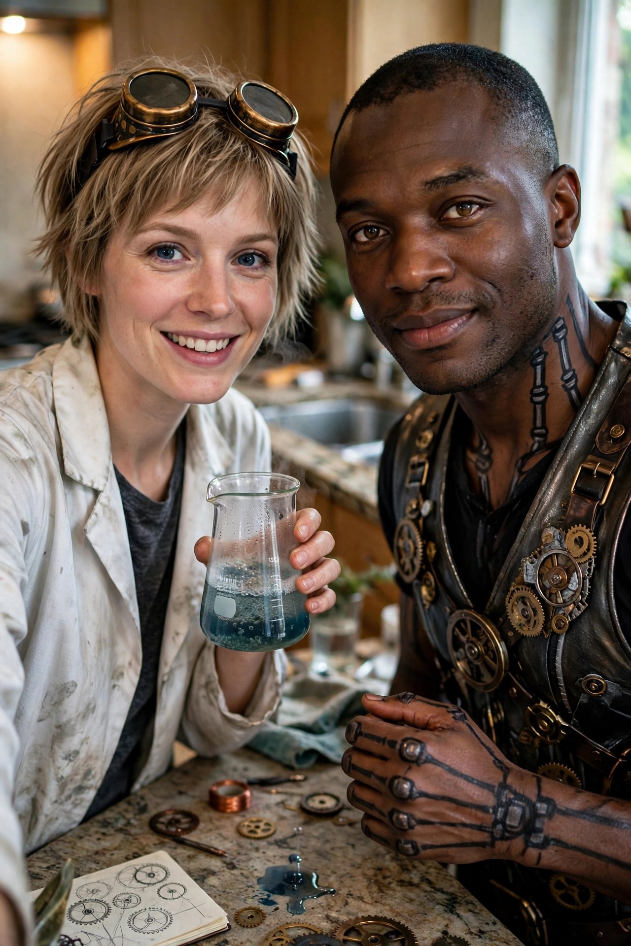 A couple in matching steampunk inventor costumes with leather vests covered in brass gears, mechanical tattoos on the man, goggles on the woman's head, and a smoking beaker in her hand.