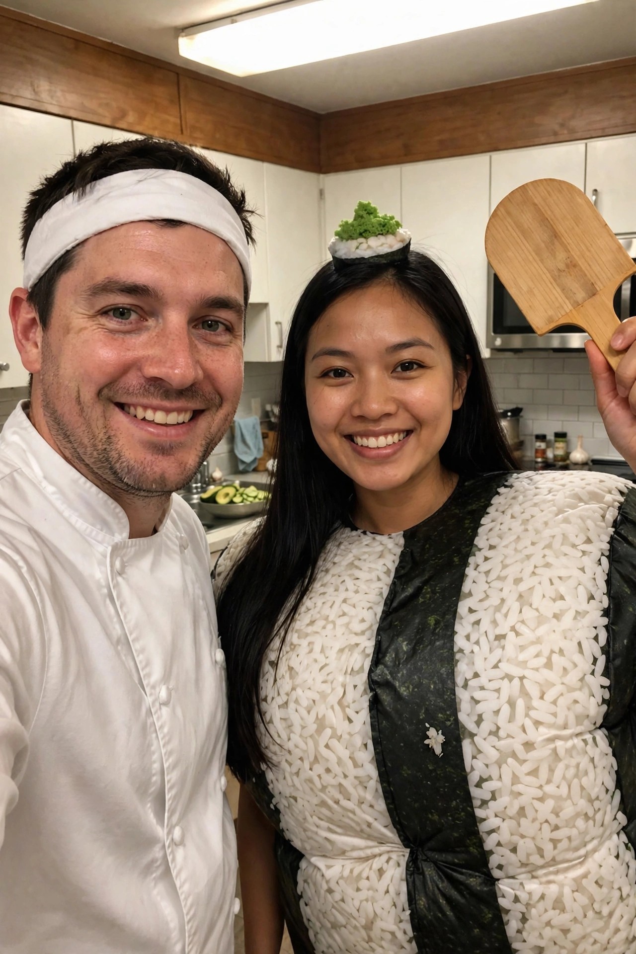 Man in chef jacket and woman covered in rice and nori wearing a sushi roll on her head while holding a wooden rice paddle.