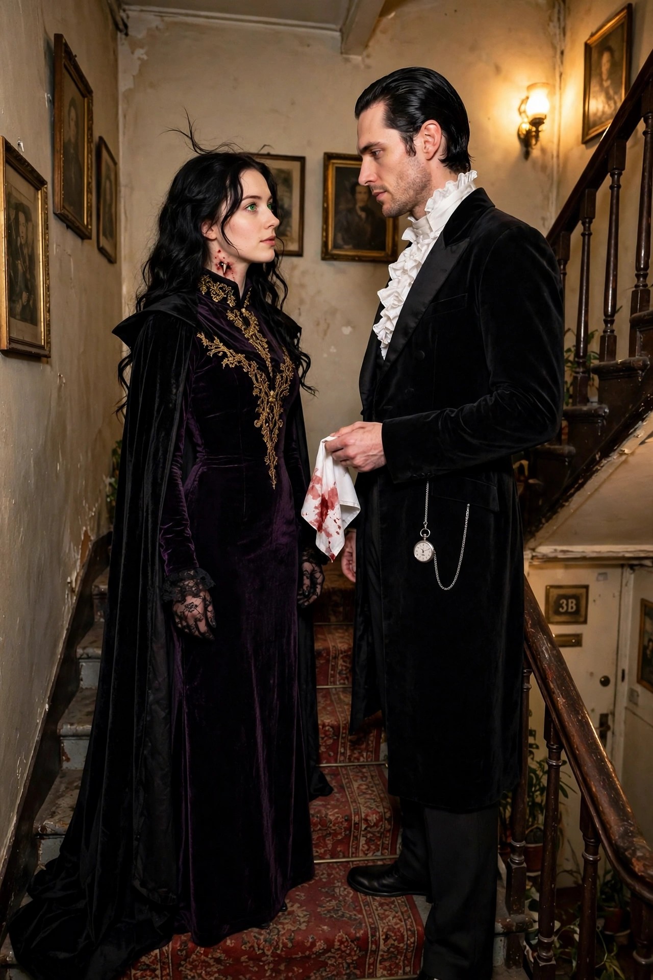 Woman in purple velvet gown with black cape and neck blood marks stands beside man in black velvet coat with white ruffles holding bloodstained cloth on staircase.