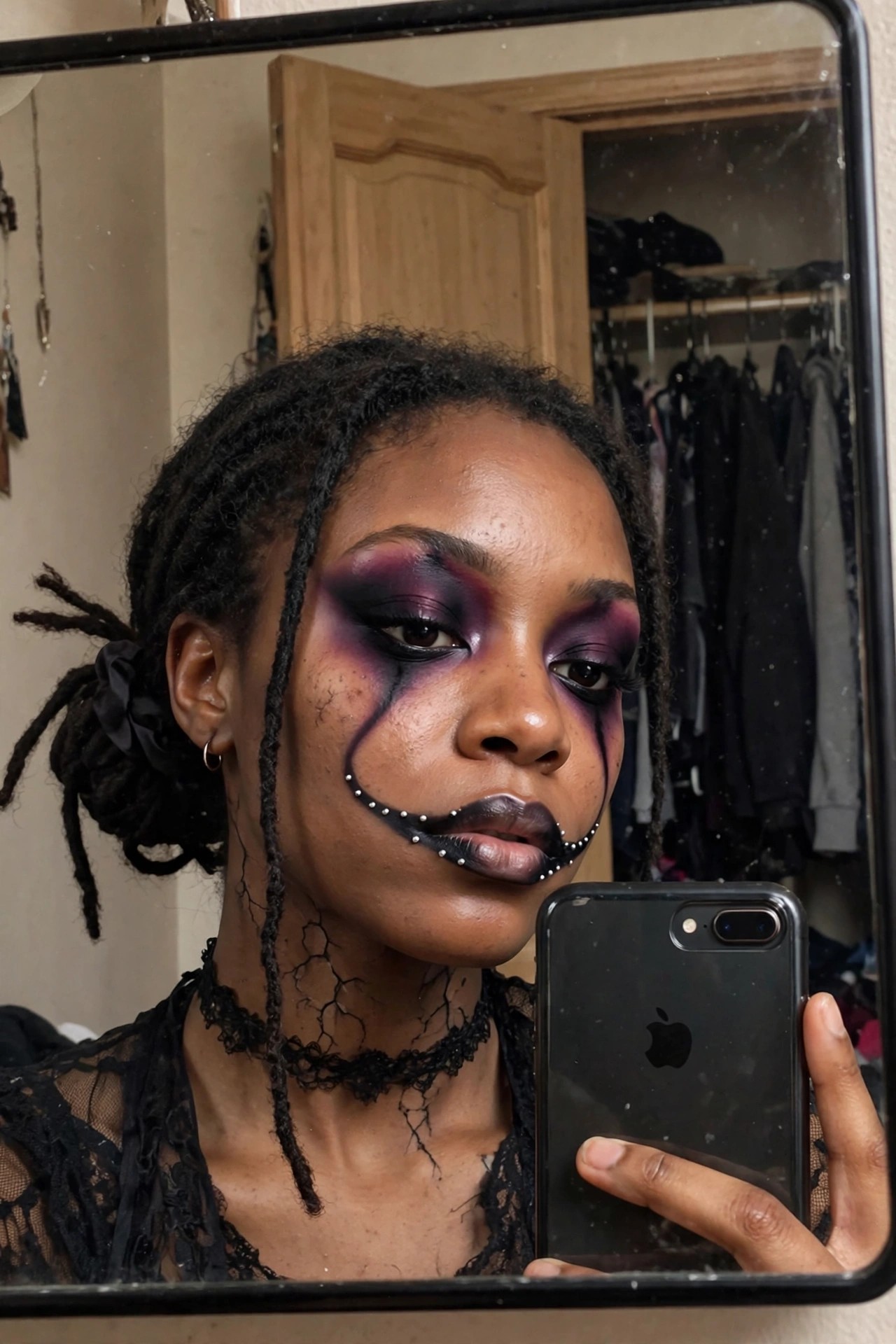 Close up of clown makeup featuring purple and black eyeshadow heavy black drip lines white dots outlining the mouth and crack details extending onto the neck.
