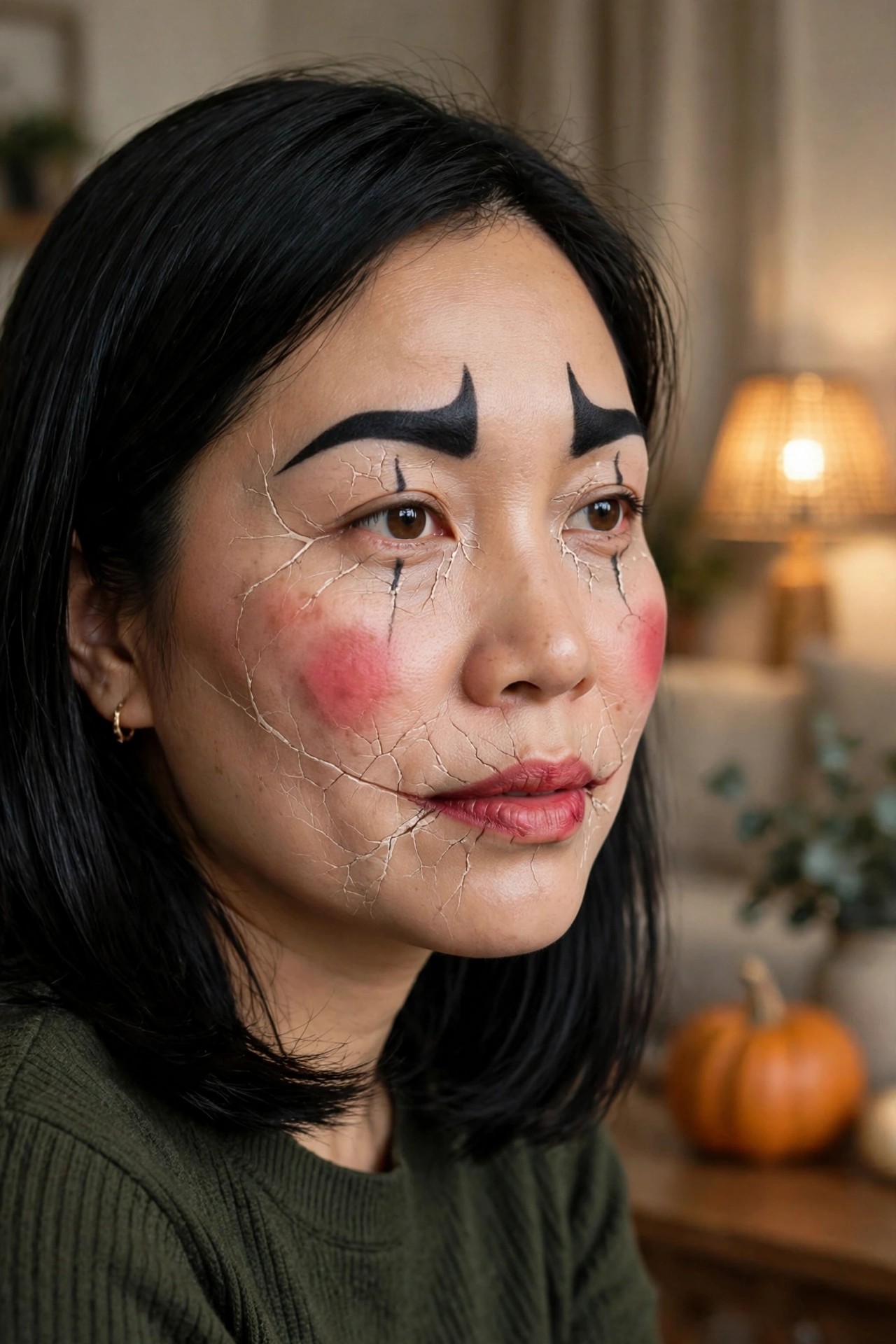 Close up of a woman with black shoulder length hair wearing cracked porcelain clown makeup featuring black arched brows, black eye lines, red cheek circles, and red lips.