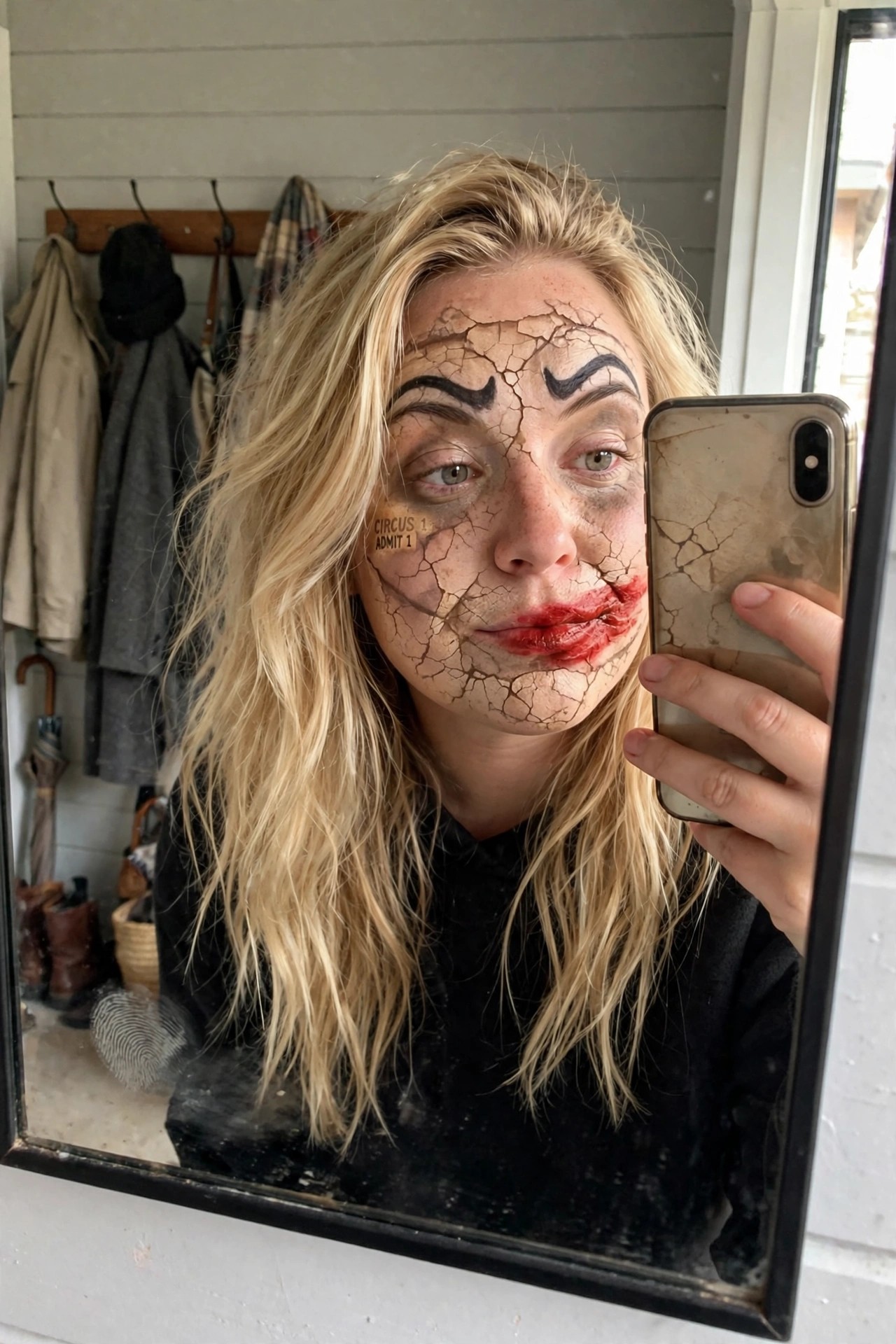 Close up mirror selfie showing cracked porcelain clown makeup with thick black arched brows, smeared red lips, and a circus ticket sticker on the cheek.