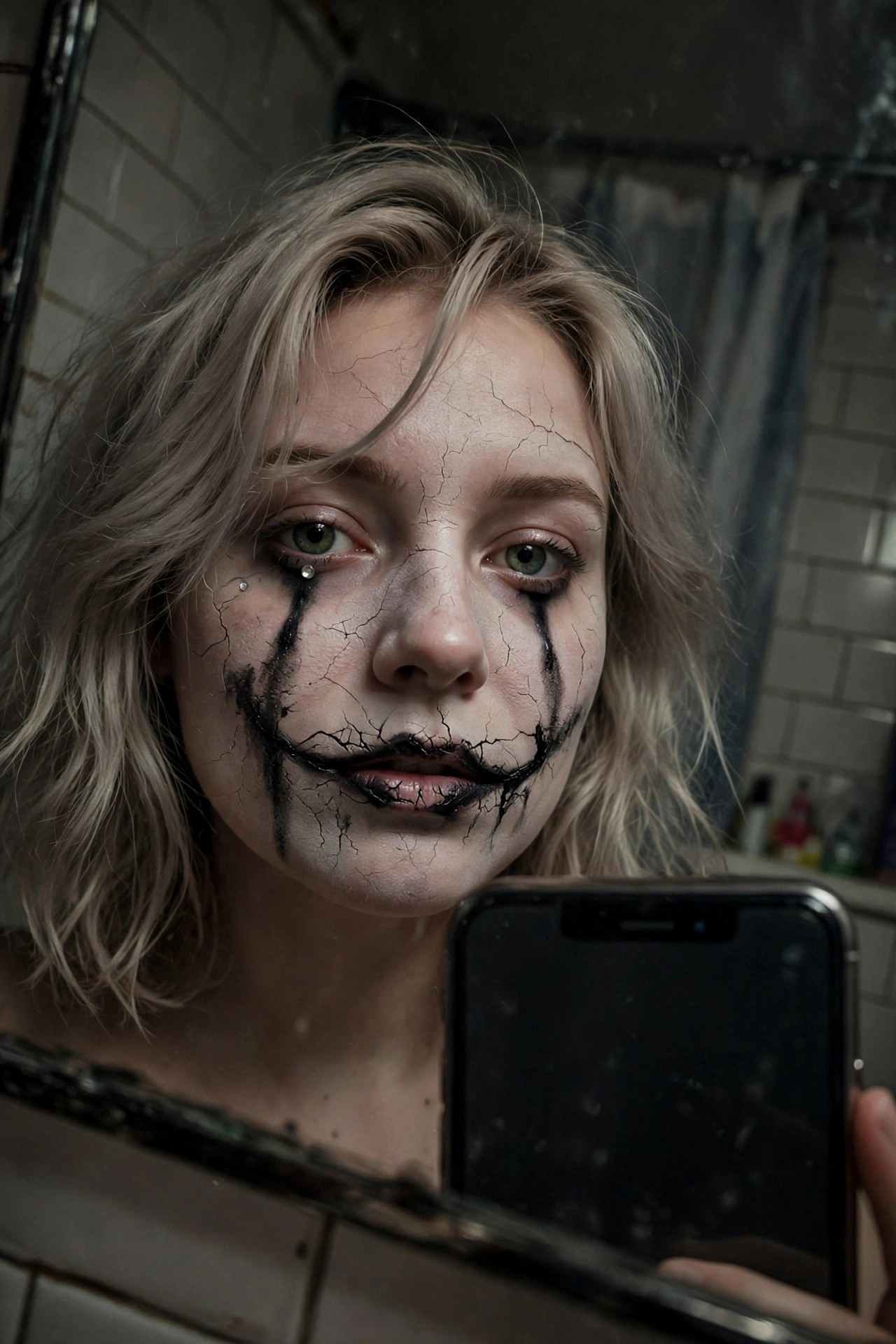 Close-up mirror selfie showing cracked porcelain clown makeup with black dripping lines forming a jagged smile and tears from the eyes.