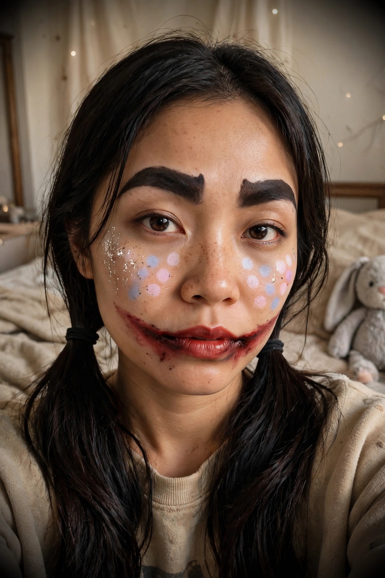 Close up of a woman wearing creepy clown makeup with thick block brows, a wide dripping red smile, and pastel polka dots on her cheeks.