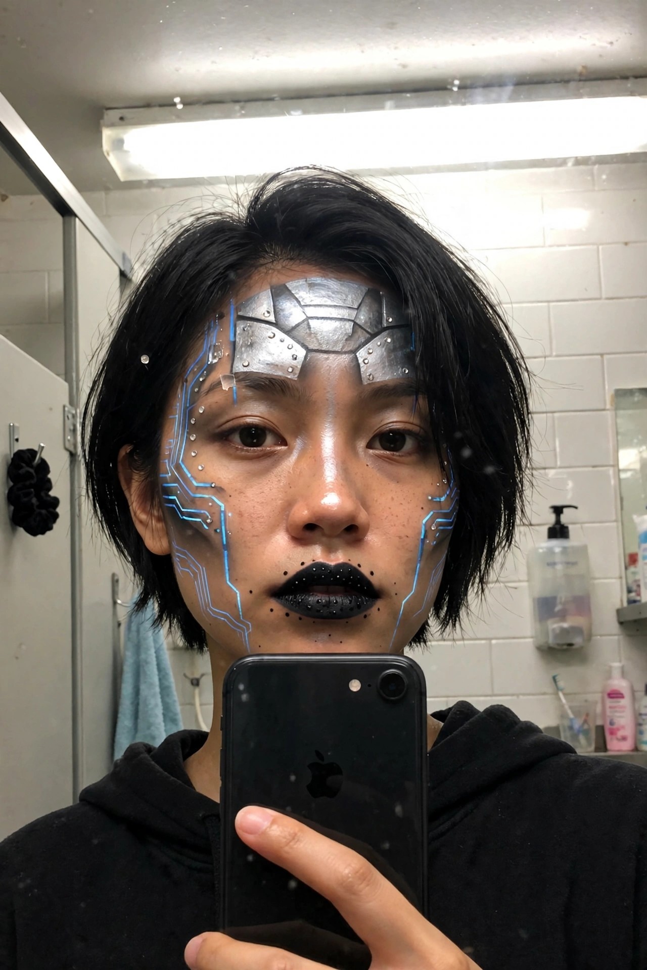 Close-up of face with silver metallic forehead plates, blue circuit lines on cheeks, and black dotted lips in a bathroom mirror selfie.