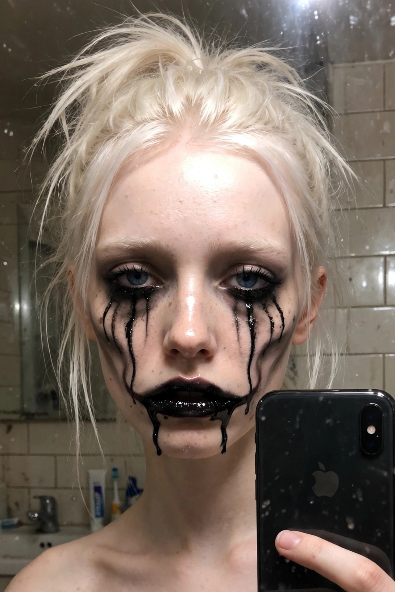 Close up of dripping black clown makeup with thick black streaks running from the eyes and mouth down the face.