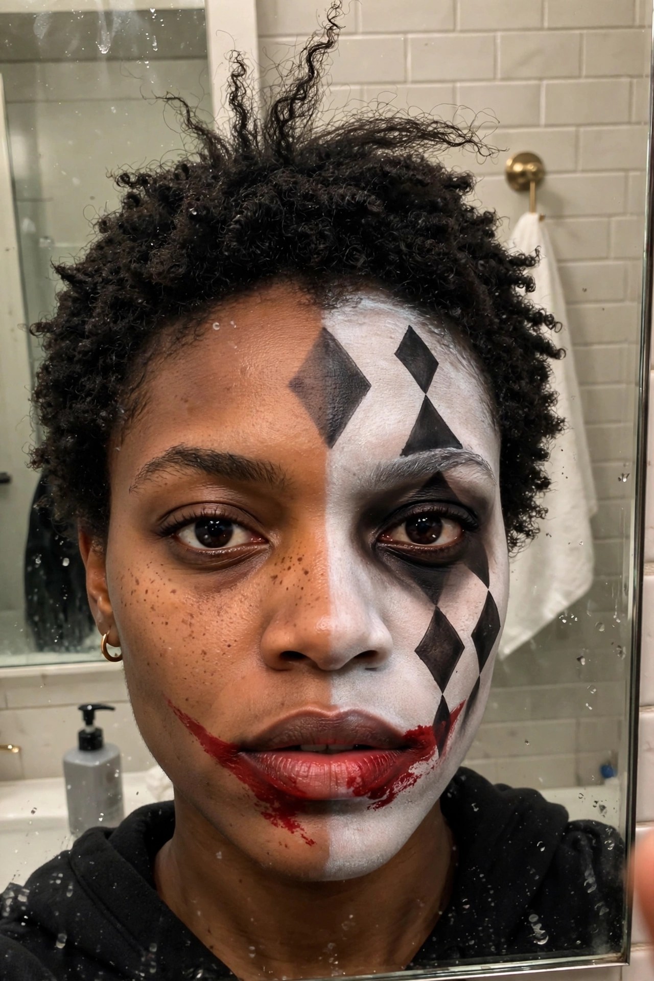 Close up of split face clown makeup with white base and black diamond patterns on one side and natural skin on the other plus red smeared lips.