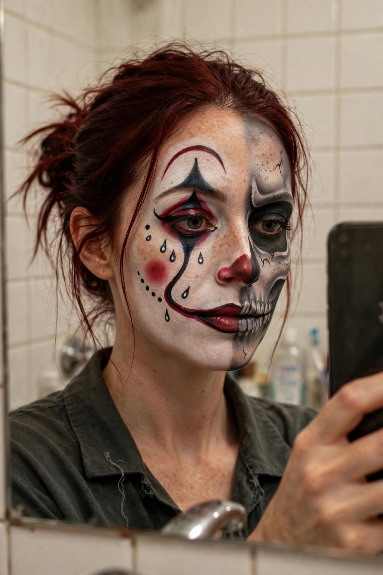 Close up of split face clown makeup with one side showing full clown features including blue black eye red lips and teardrops and the other side showing skull teeth and cracked lines.