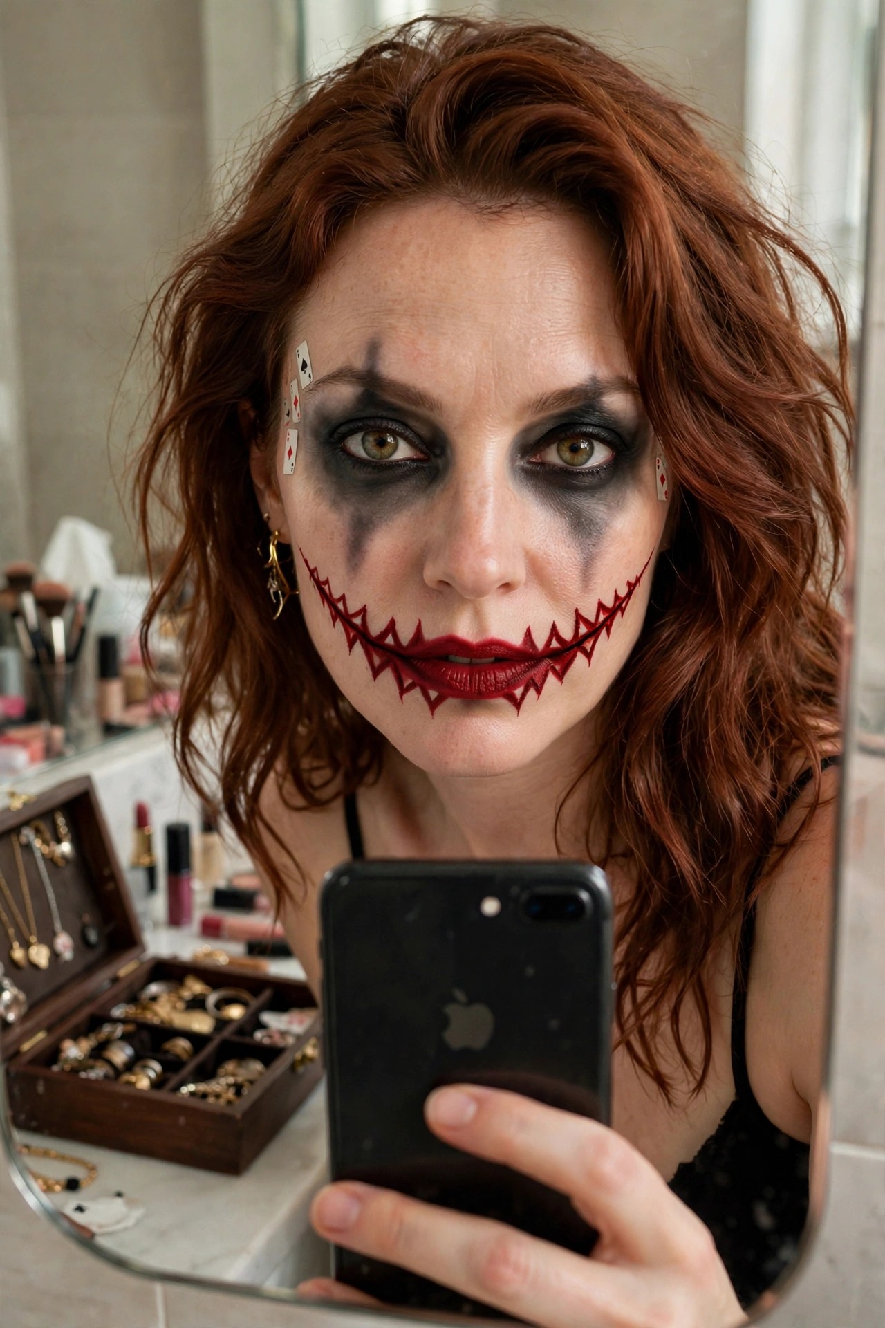 Close-up mirror selfie of a woman with red hair wearing heavy black eye makeup and a wide red mouth painted with jagged black triangles extending outward, plus small playing cards attached to her face.