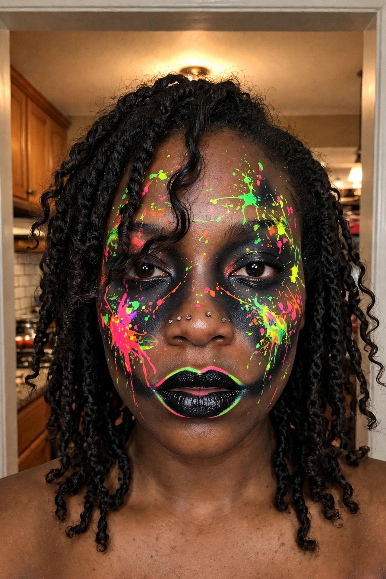 Close up of neon pink green orange and yellow splatter makeup over a black base with matching neon lip outline and small nose studs.
