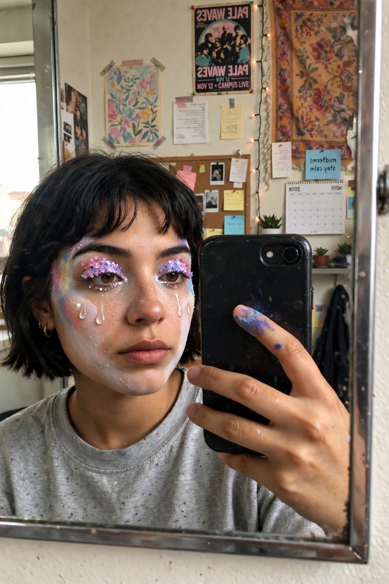 Close-up of rainbow glitter clown makeup with white base, colorful streaks on cheeks, sequin-covered eyelids, and painted teardrops under one eye.