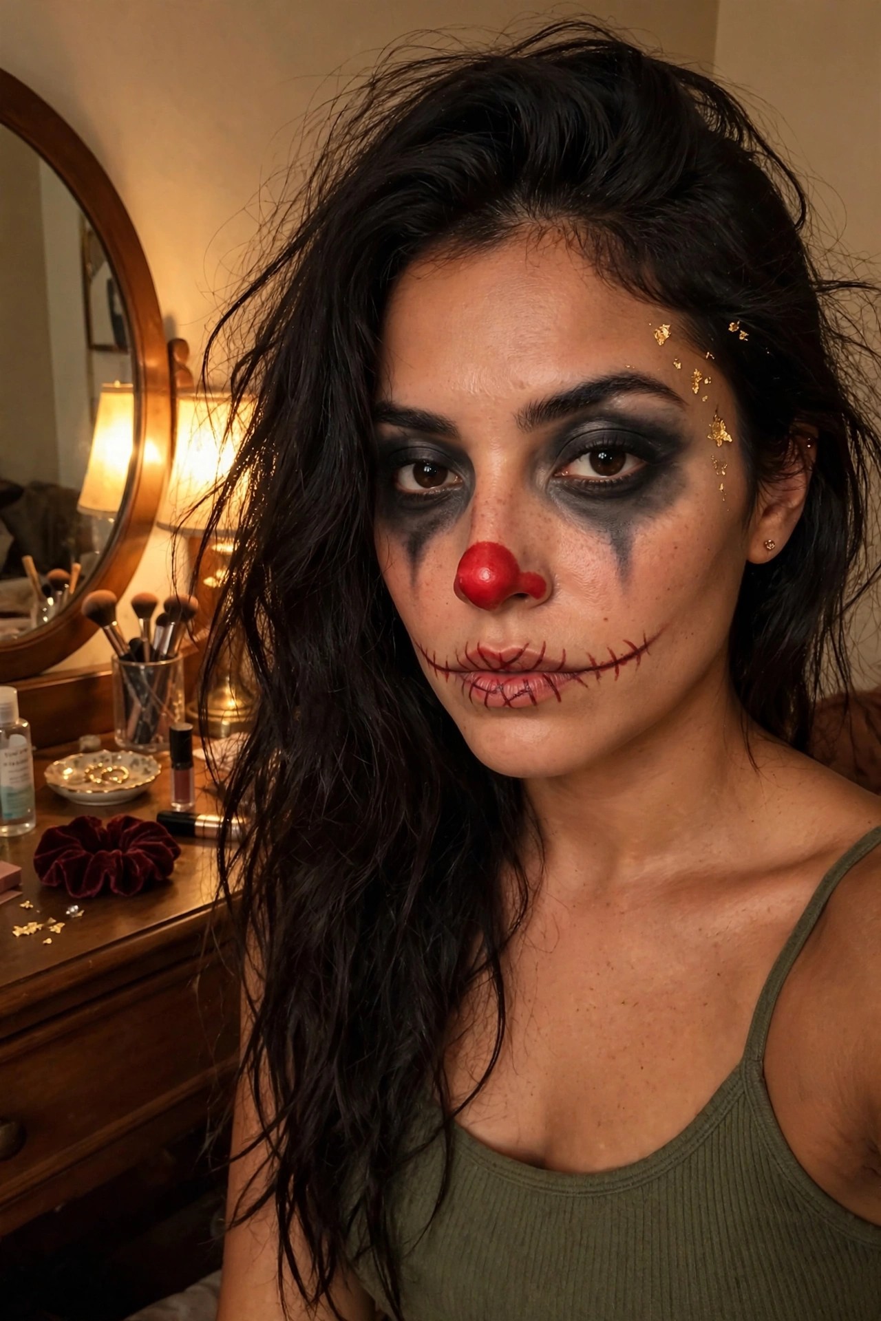 Close up of clown makeup featuring a red nose, dark smoky eye shadow, and red stitched lines across the mouth with small gold flakes on the forehead.