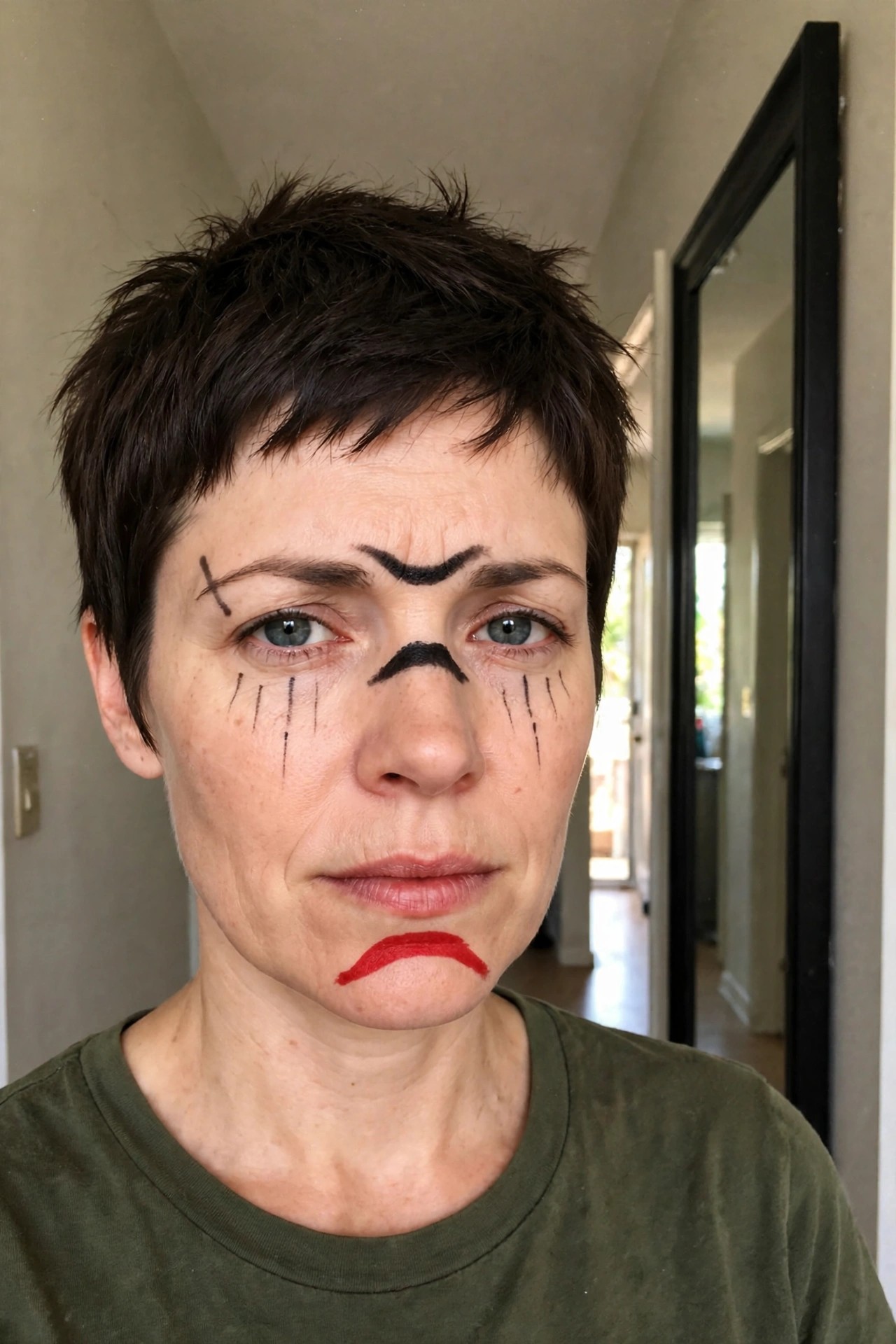 Close up of short dark hair and sad clown makeup with black arched brows, black lines near the temple, vertical black streaks under the eyes, and downturned red lips.