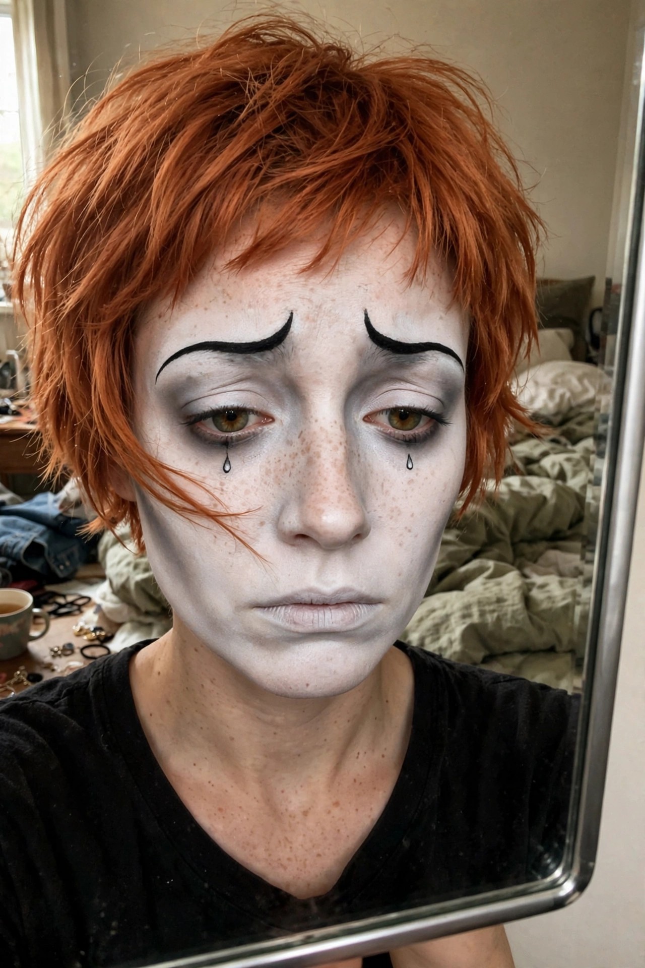 Close up of a person with white face paint, heavy black arched clown eyebrows, gray eye shading, and small black teardrops under each eye.