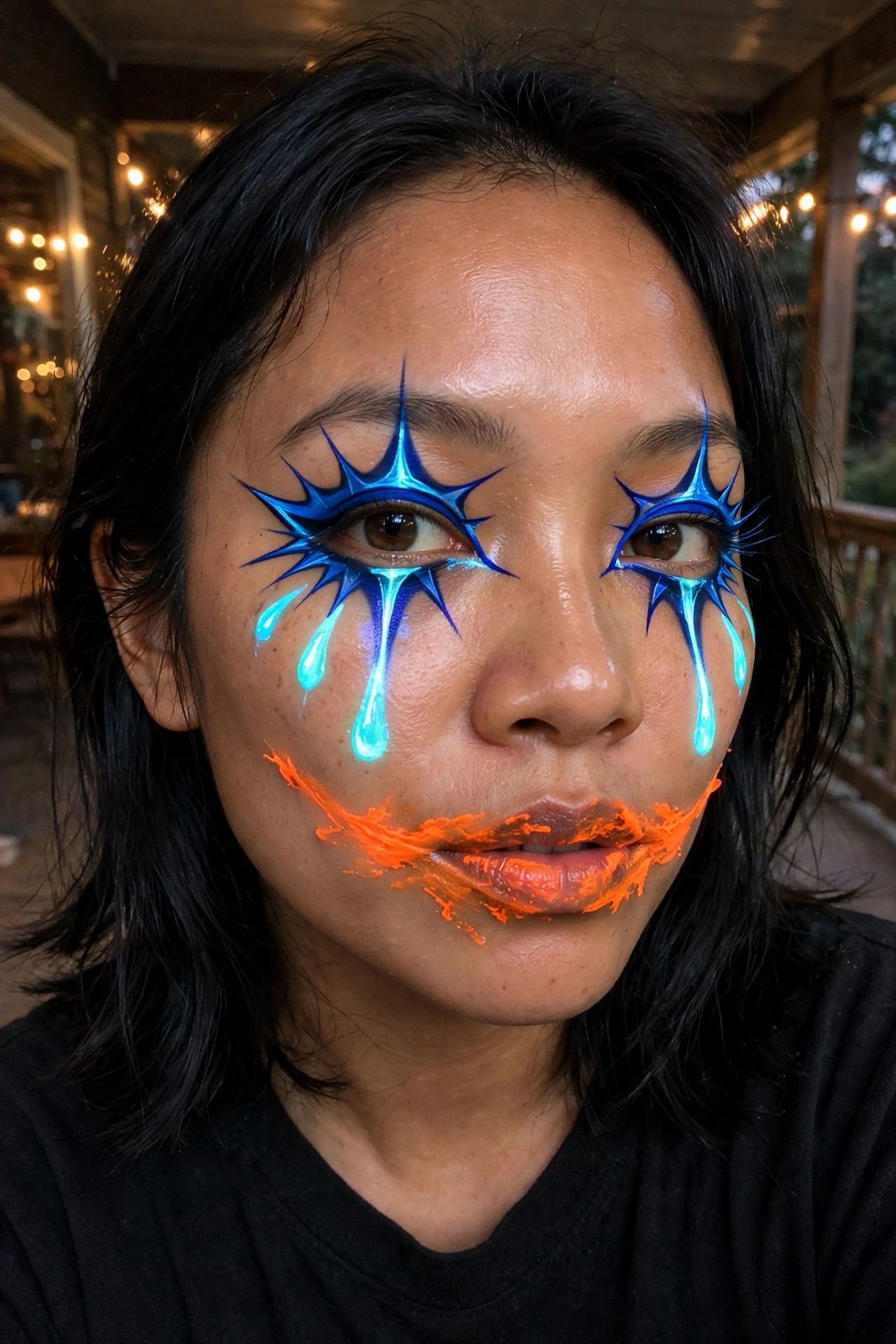 Close-up of blue spiky starburst eye makeup with dripping cyan accents and orange jagged lines around the mouth on a person with dark hair.