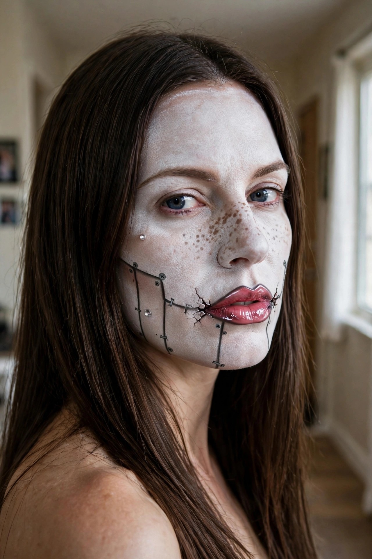 Close-up of white face paint with black stitched lines and screws along the cheek and jaw, cracked effect near glossy red lips, freckles visible on pale skin.
