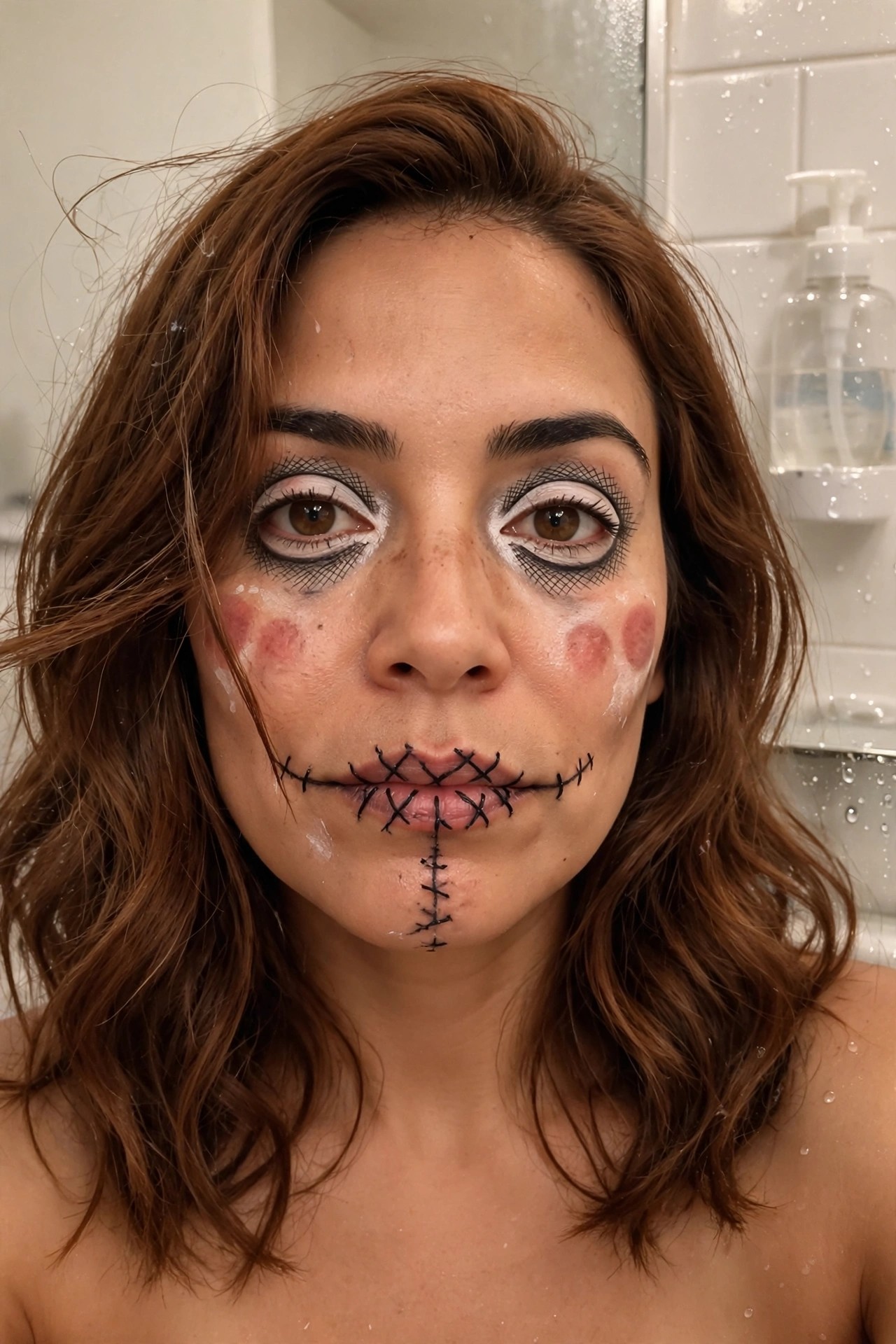 Close up of stitched mouth clown makeup with black thread lines around the lips, mesh eye designs, white under eye accents, and red cheek circles.