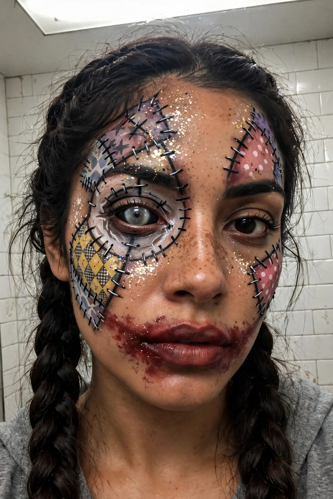 Close up of stitched patchwork clown makeup with black thread lines, plaid and star patches, glitter, and bloody effects around the mouth.